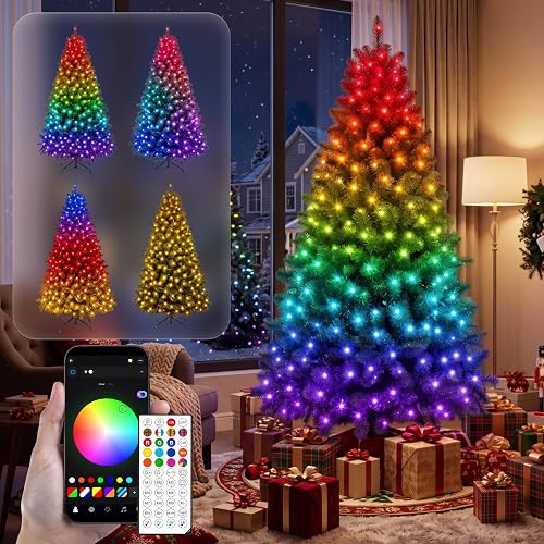 JOYIN 6 FT Full Size Prelit Artificial Christmas Tree, 300 RGB Lights, App & Remote Control, Hinged Branches, Includes Gloves, Metal Stand, Easy Setup, Realistic Holiday Decoration for Indoor Decor
