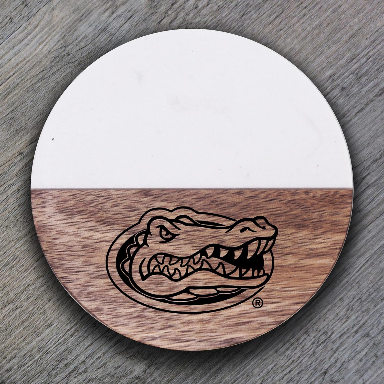 My Personal Memories Officially Licensed Florida Gators Set of 4 Marble and Acacia Bar Coasters for Drinks, Alumni, Graduates, Gift for Tailgates (White/Brown Round Gators Head)