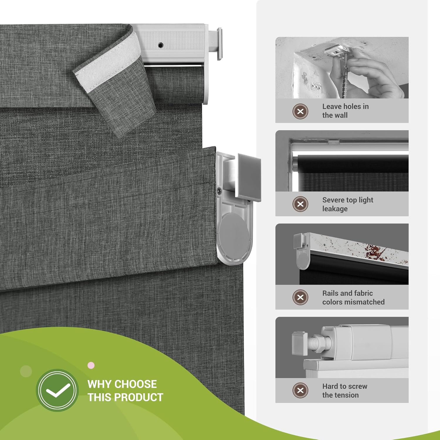 MoDanCeQ No Drill No Tools Blackout Roller Shades for Windows, Cordless Blinds with Linen Fabric-Matched, Custom Roller Blinds for Home Office Door, Dark Grey, 35" W x 72" H