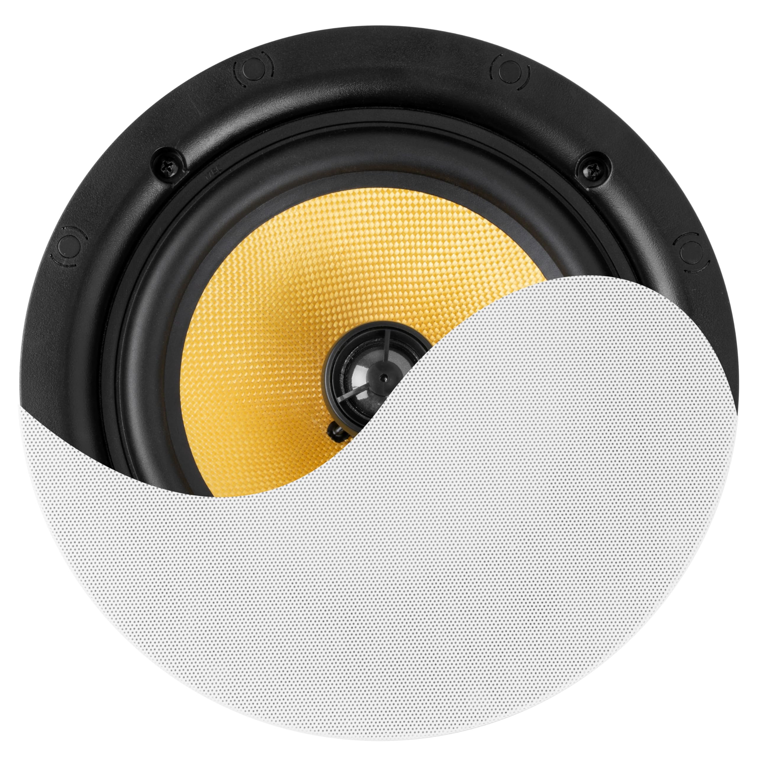 Power Dynamics KVCS8 Altavoz de Techo 8 Pulgadas 80W 8 Ohm 2 vías coaxial IP44 Resistente Humedad Rejilla magnética Blanca woofer Amarillo Tweeter Seda inclinable Sonido HiFi