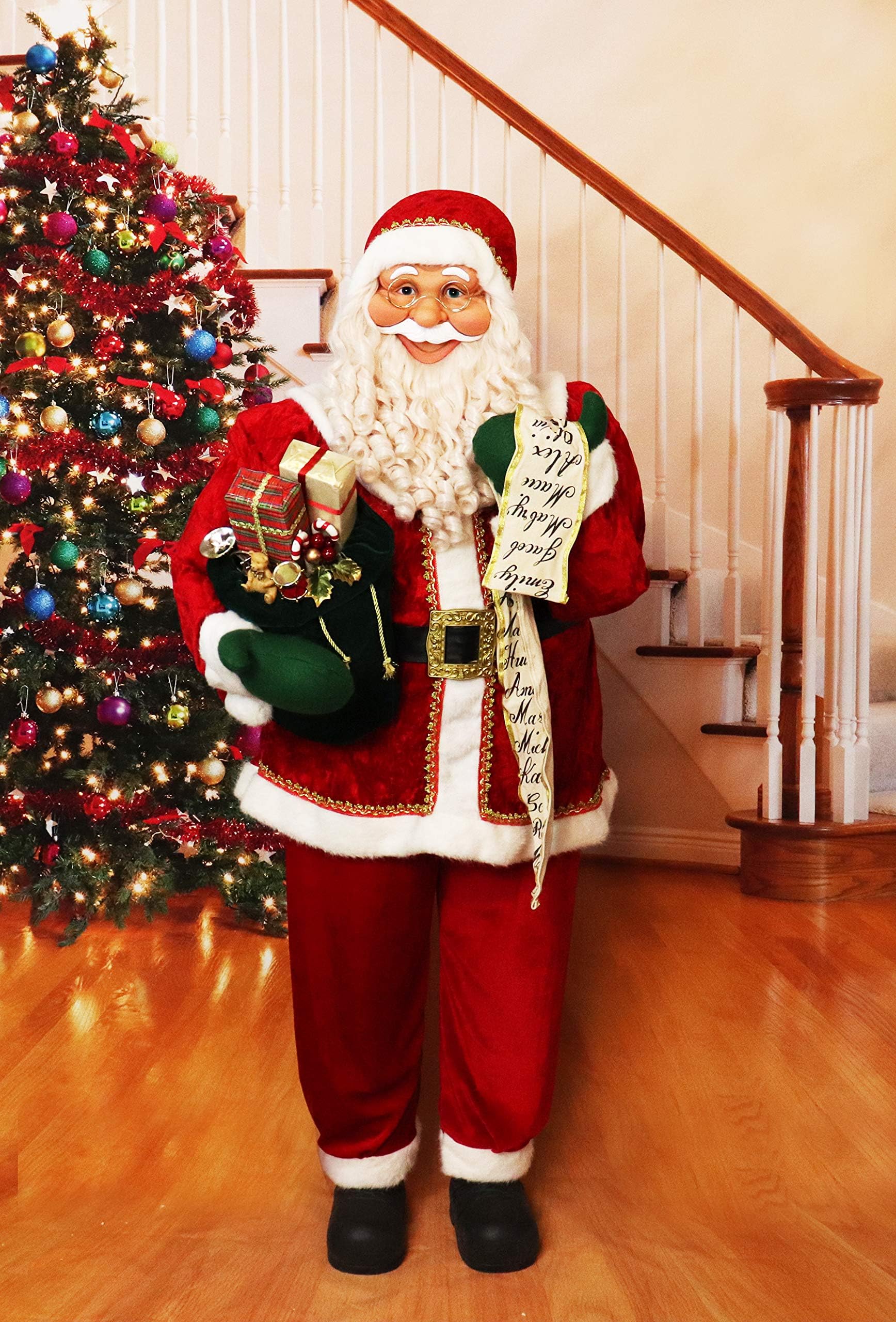 Fraser Hill Farm Red Life-Size Indoor Christmas Decoration, 5-Ft. Standing Santa Claus with Scroll, Wearing Velvet Suit w/White Fur Trim, FSC058-0RD6