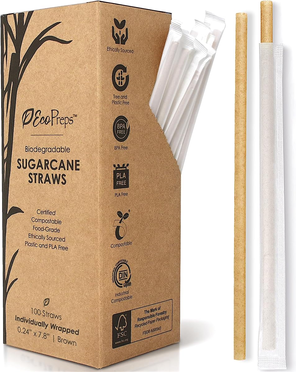 Pajitas biodegradables de caña de azúcar, pajita envuelta individualmente, 100 unidades | Pajitas 100 % compostables, sin plástico y ecológicas | Pajita desechable de fibra de azúcar de 7,8”, empaquetada en envoltura de papel