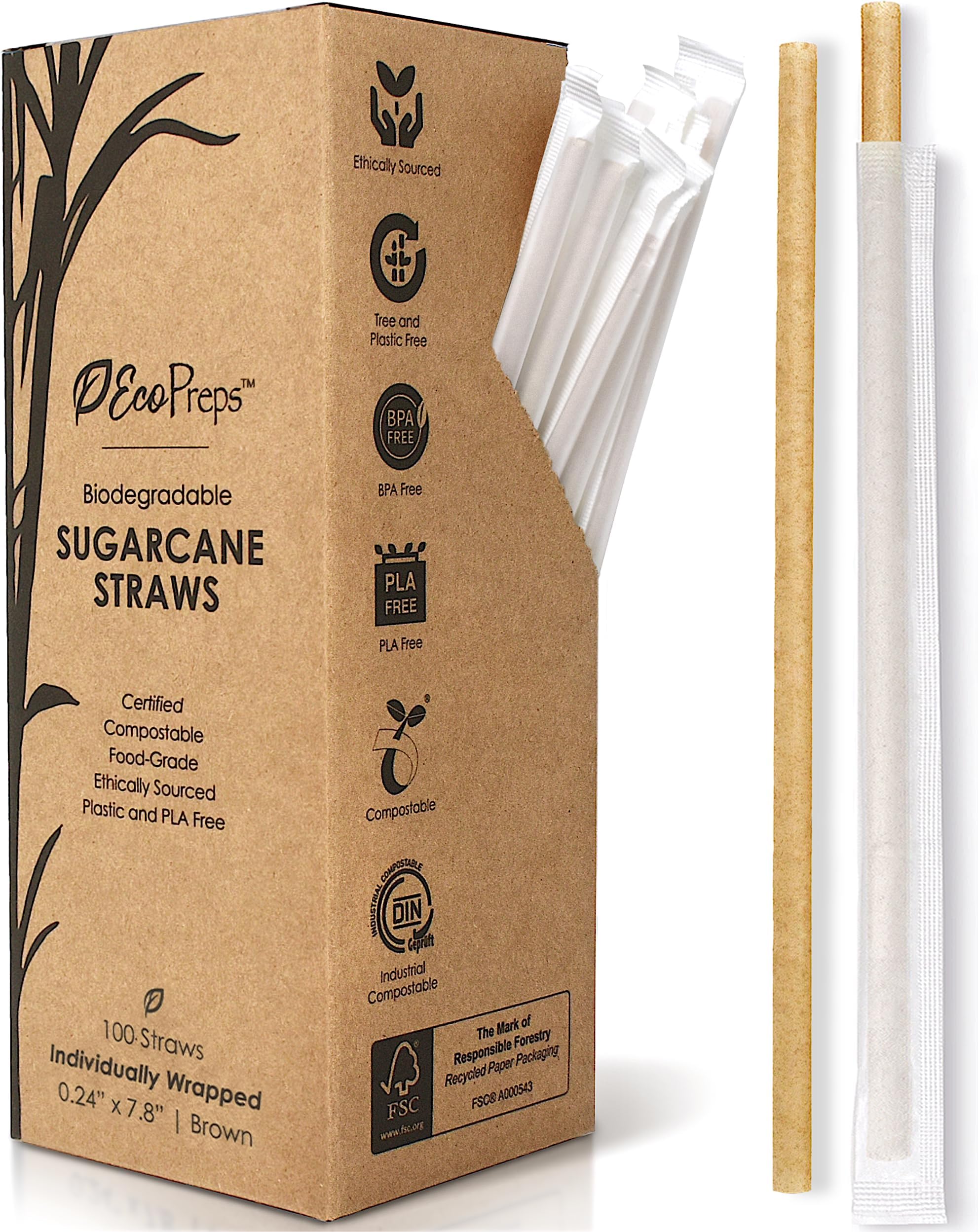 EcoPreps Biodegradable Sugarcane Straws, Plastic-Free Individually Wrapped Straws | 100 Count, 100% Compostable, Eco-Friendly Drinking Straw | 7.8” Sugar Fiber Disposable Straw, Packed in Paper Wrap