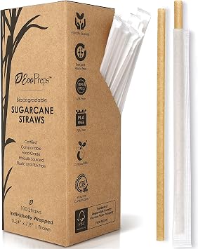 EcoPreps Biodegradable Sugarcane Straws, Plastic-Free Individually Wrapped Straws | 100 Count, 100% Compostable, Eco-Friendly Drinking Straw | 7.8 Sugar Fiber Disposable Straw, Packed in Paper Wrap