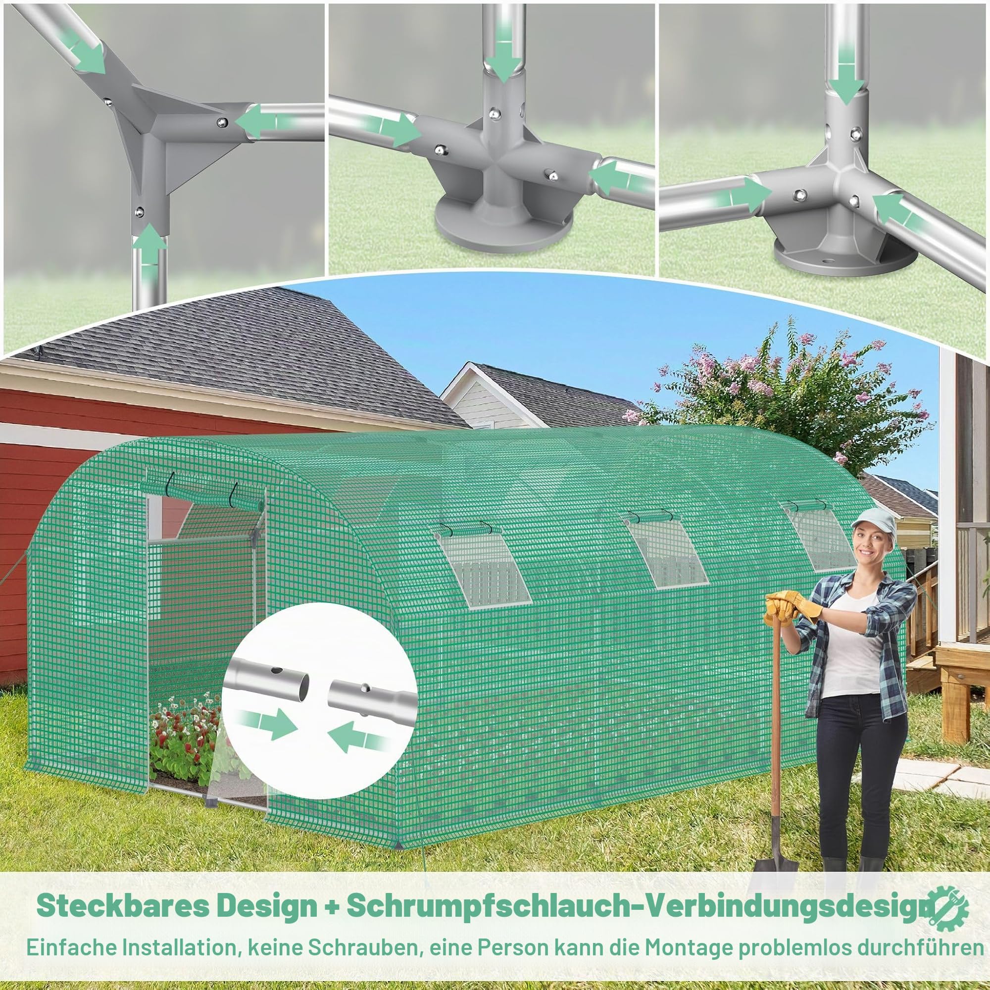24㎡ Frostschutz Gartengewächshäuser aus Stahl Rahmen 3x8x2m HDPE Foliengewächshaus mit 8 Insektenschutzgitter Fenster & Tür Begehbares Gewächshaus Garten Überwinterungszelt für Pflanzen