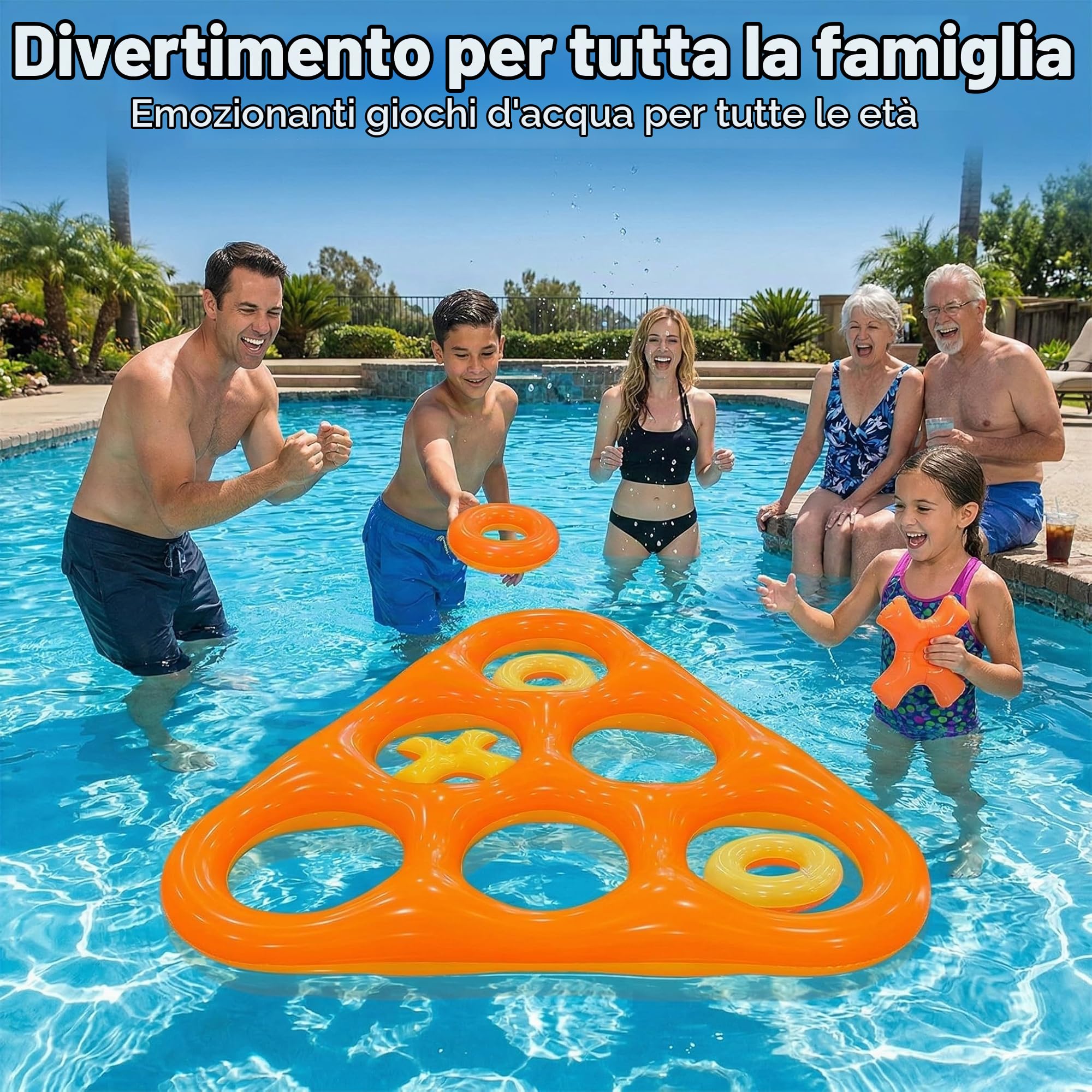 Gioco Tris Gonfiabile da Piscina, Grande Gioco Galleggiante con 6 Pedine, Gioco d’Acqua per Bambini e Adulti, Festa Estiva Outdoor