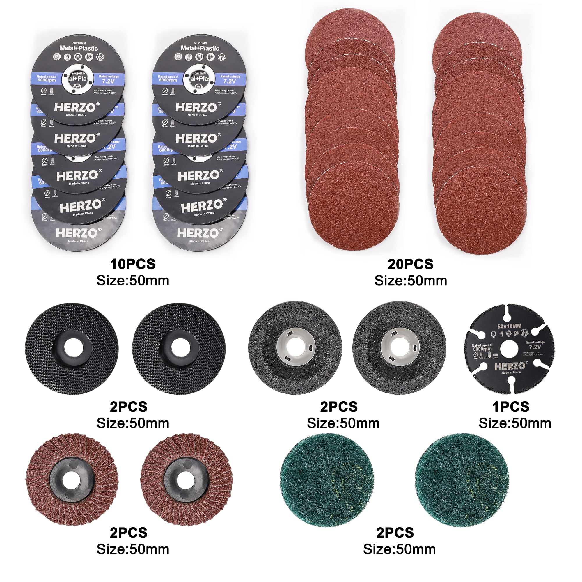 HERZO Tarcza tnąca 50 mm, szlifowanie, polerowanie, wielowarstwowy materiał, otwór 10 mm, zestaw akcesoriów do mini szlifierki kątowej (39 sztuk)