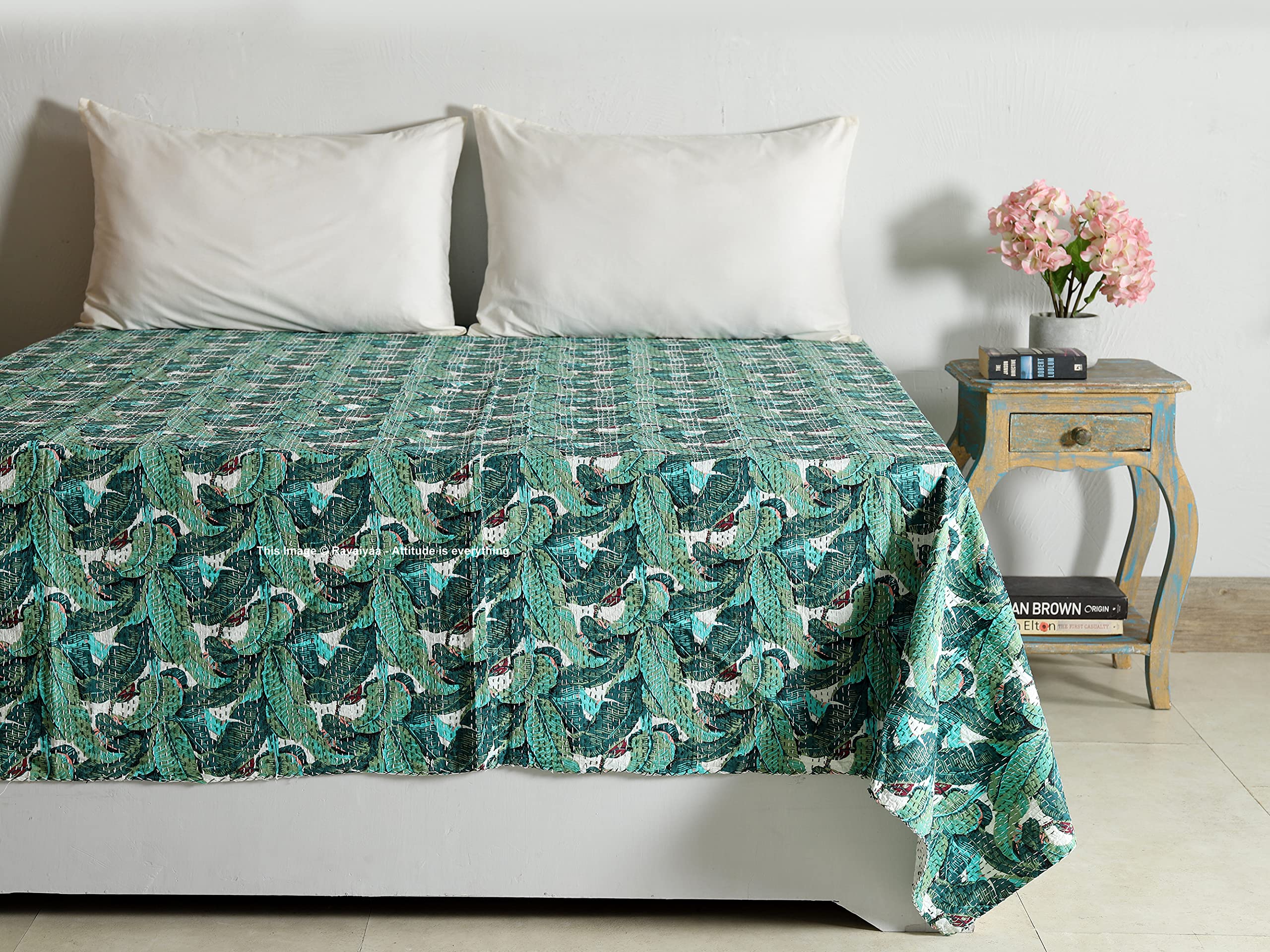 Ravaiyaa - Attitude is everything Banana Leaf Design Cotton Hand Kantha Quilted Quilt Bedspread Gudari Bedding Quilt Double Bed Cover Comforter Ralli (Green)-image-38