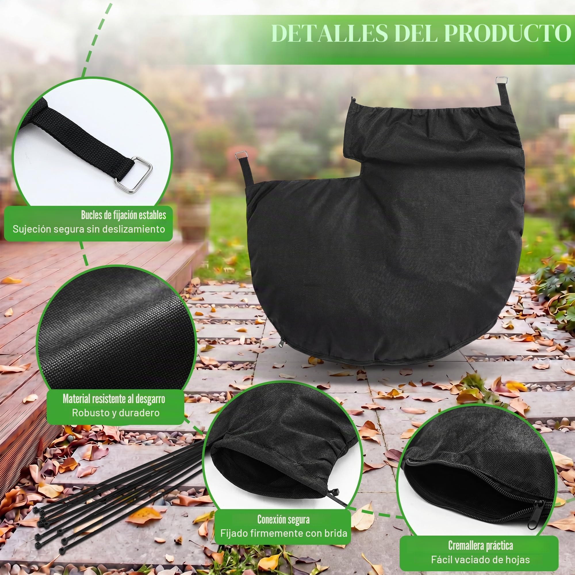 Enhon Bolsa para Aspirador de Hojas Compatible con Einhell GE-CL 36 Li E-Solo, Bolsa Recolectora con Conexión Cuadrada, Tela No Tejida con Cremallera para Residuos de Jardín, 10 Bridas