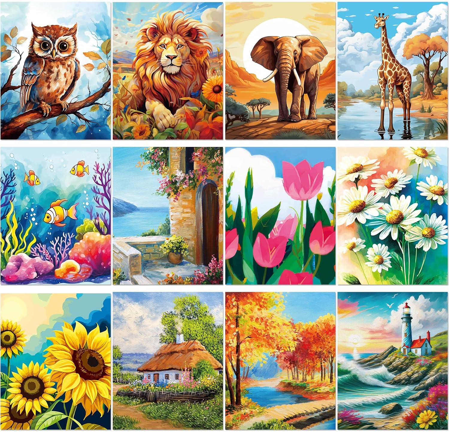 Sherr 12 Pcs Pre Drawn Canvas to Paint Animal Pre Printed Canvas for Painting for Beginners Students DIY Art Paint Supplies Christmas Valentines Party Favor(Cute Animals,8 x 8 Inch)