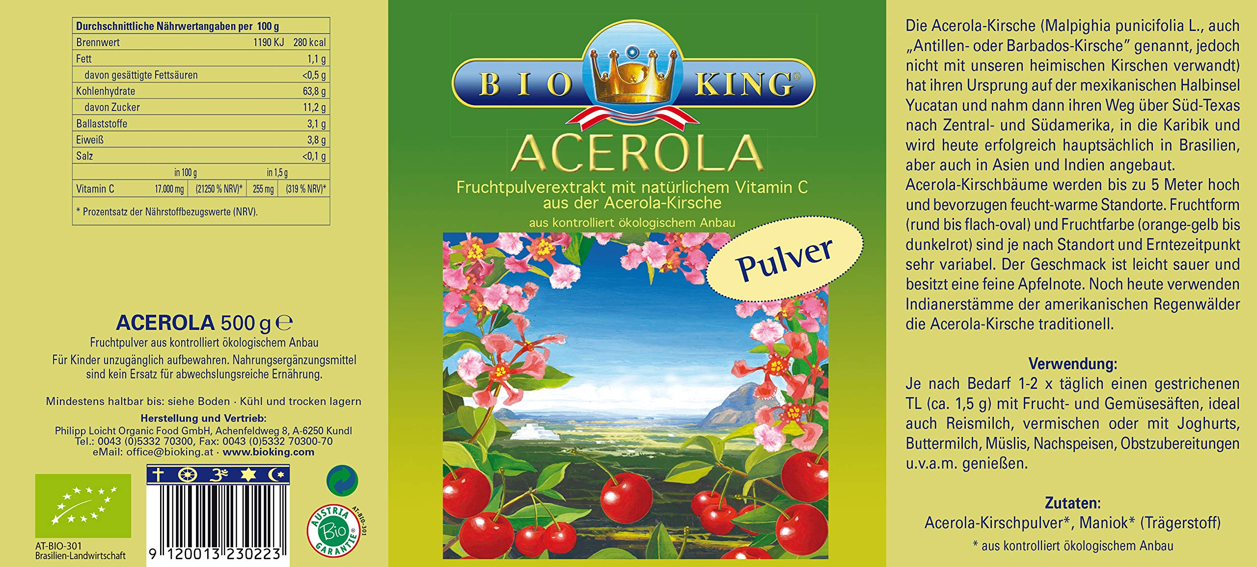 BioKing 500g Acerola-Pulver (17.000 mg natürliches Vitamin C je 100g) aus kontrolliert ökologischem Anbau