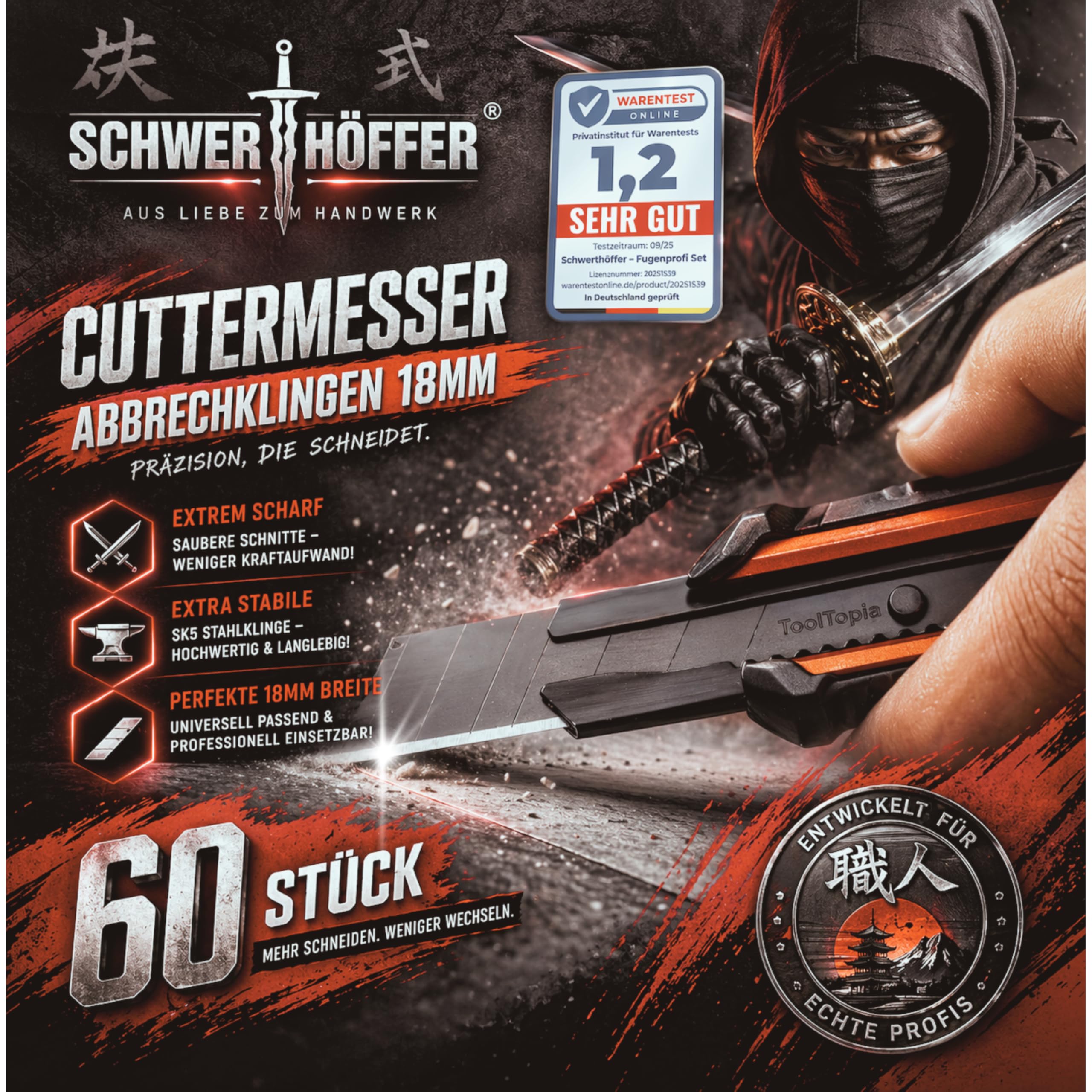 60x Profi Cuttermesser Klingen 18mm - Ersatzklingen Cuttermesser aus hochwertigem Stahl - Cutter Messer - Gehärtet & ultra scharf - Abbrechklingen für Cutter Messer