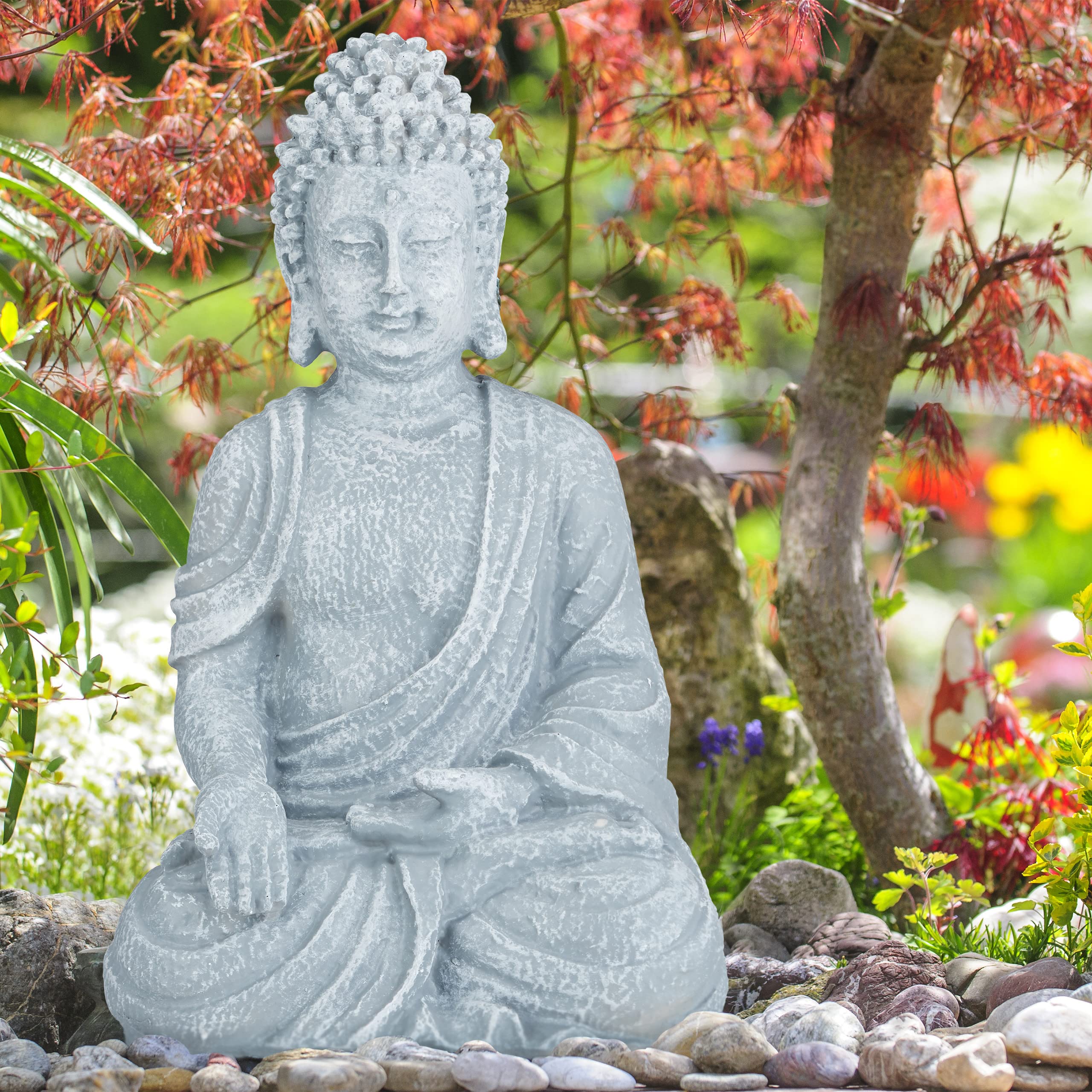 Relaxdays Statua Zen del Buddha Seduto XL, 40 cm, Feng Shui, per Esterni, da Giardino, Decorativa, Grigio Chiaro