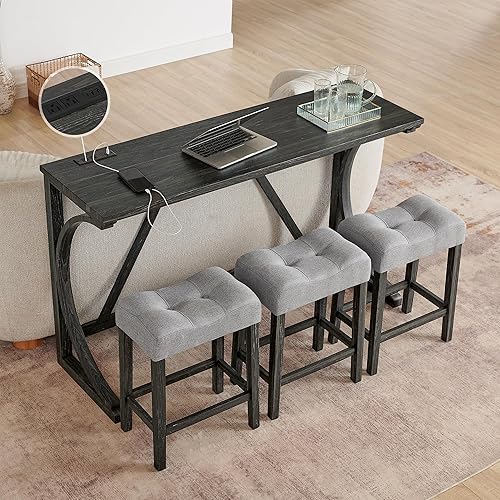 Miniatura 10 de Merax - Juego de mesa de bar de 4 piezas con toma de corriente, juego de mesa de desayuno industrial y sillas con 3 taburetes acolchados, para sala