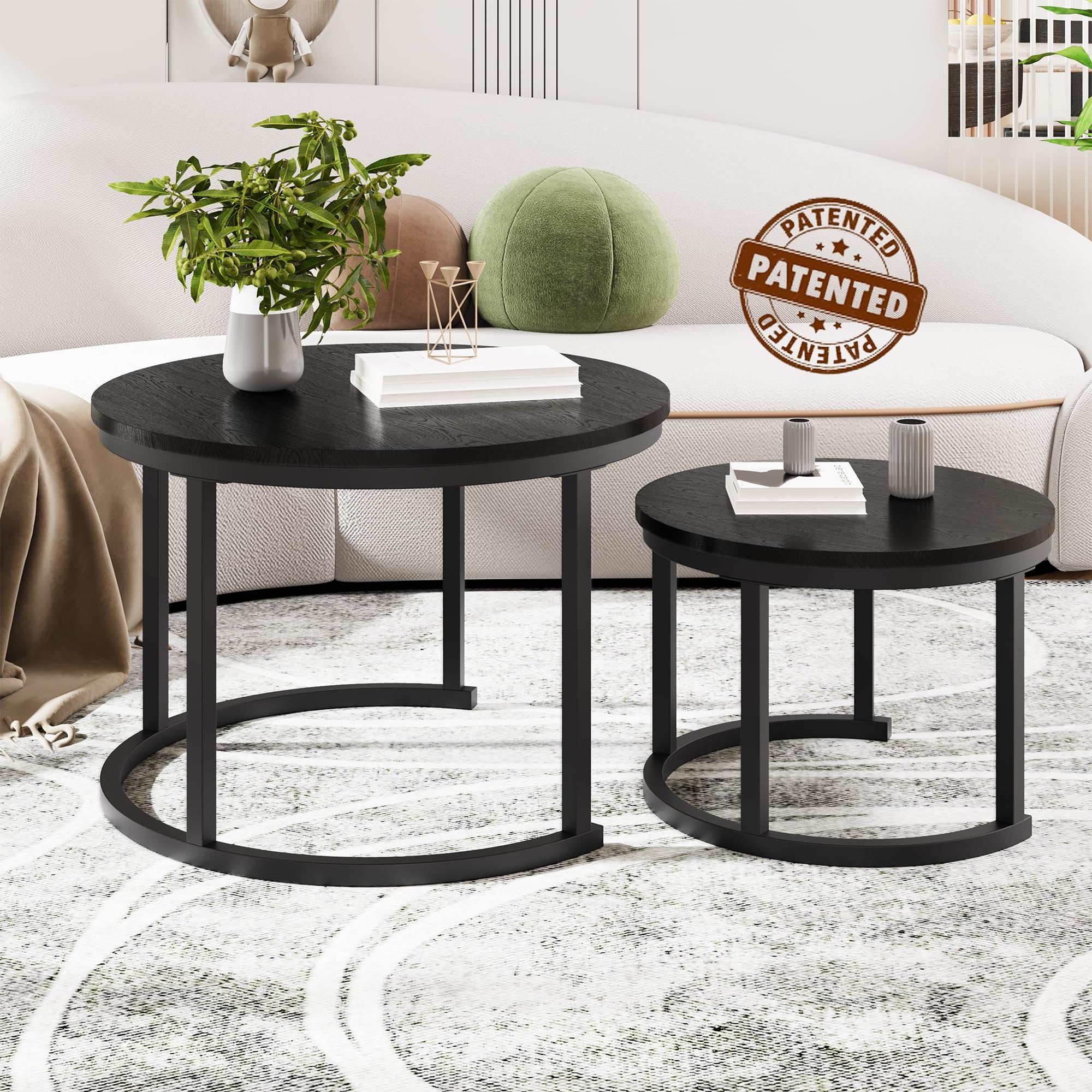 HOMERECOMMEND Tavolino rotondo, set da 2 pezzi, tavolino da salotto in legno, moderno, con struttura in metallo, per soggiorno, balcone, nero