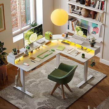 FEZIBO 63 L Shaped Standing Desk with Arc LED & Power Outlet, Exclusive Uprated Triple Motors Support 330LBS, Electric Height Adjustable L Shaped Desk with Large Monitor Stand, for Home Office, White