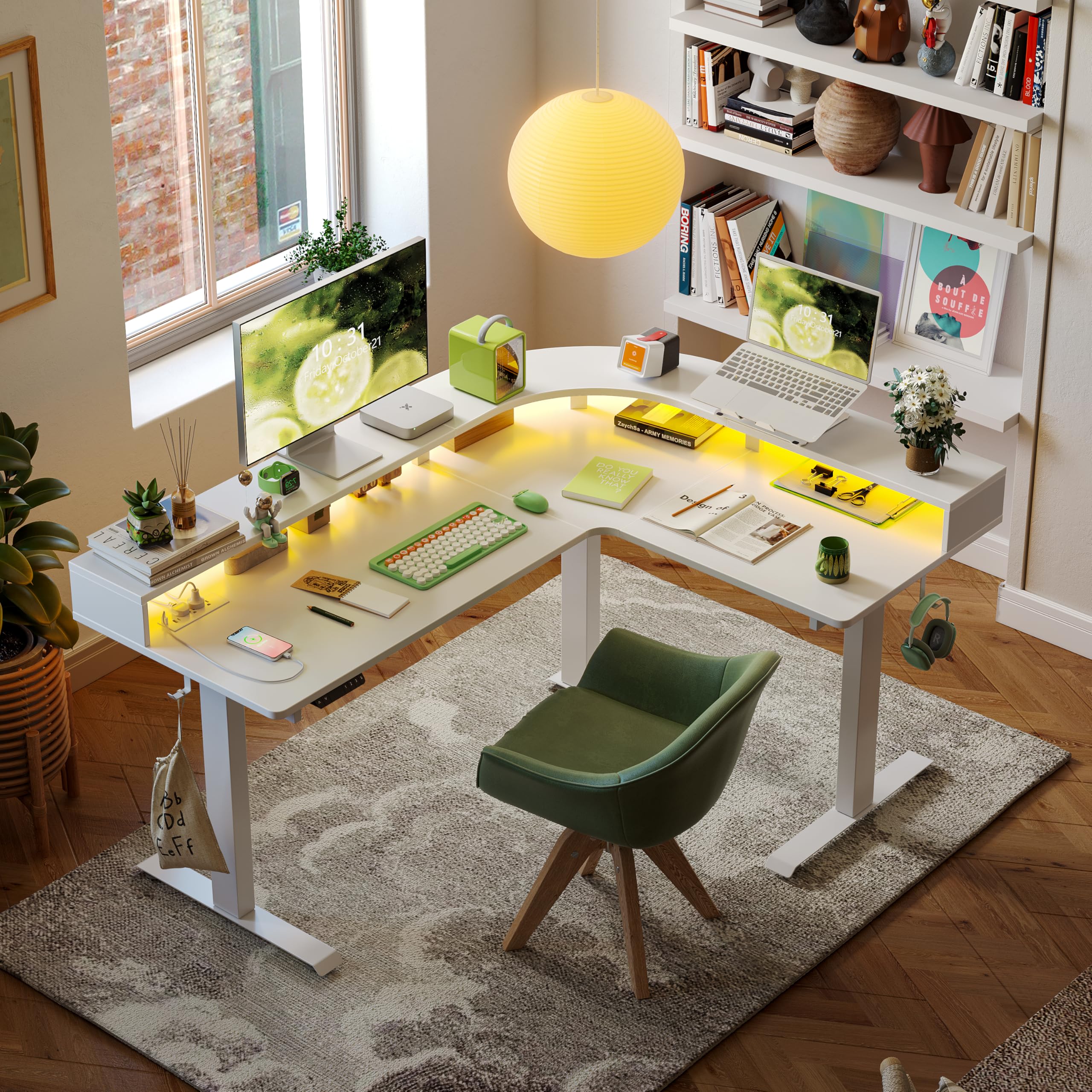 FEZIBO Triple Motor L Shaped Stadning Desk with LED Strip & Power Outrlets，160 cm Height Adjustable Stand up Corner Desk with Ergonomic Monitor Stand, White Frame/White Top