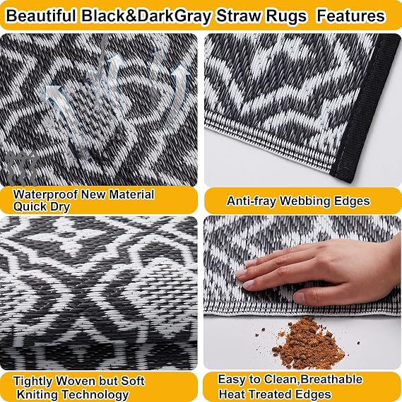 Alfolo Outdoor Rug Waterproof 4x6 Outdoor Mat Small Porch Balcony Rug,Reversible Plastic Straw Rug for Camping Black and White Outdoor Mats for Patio, Deck, RV, Camping, Beach, Backyard