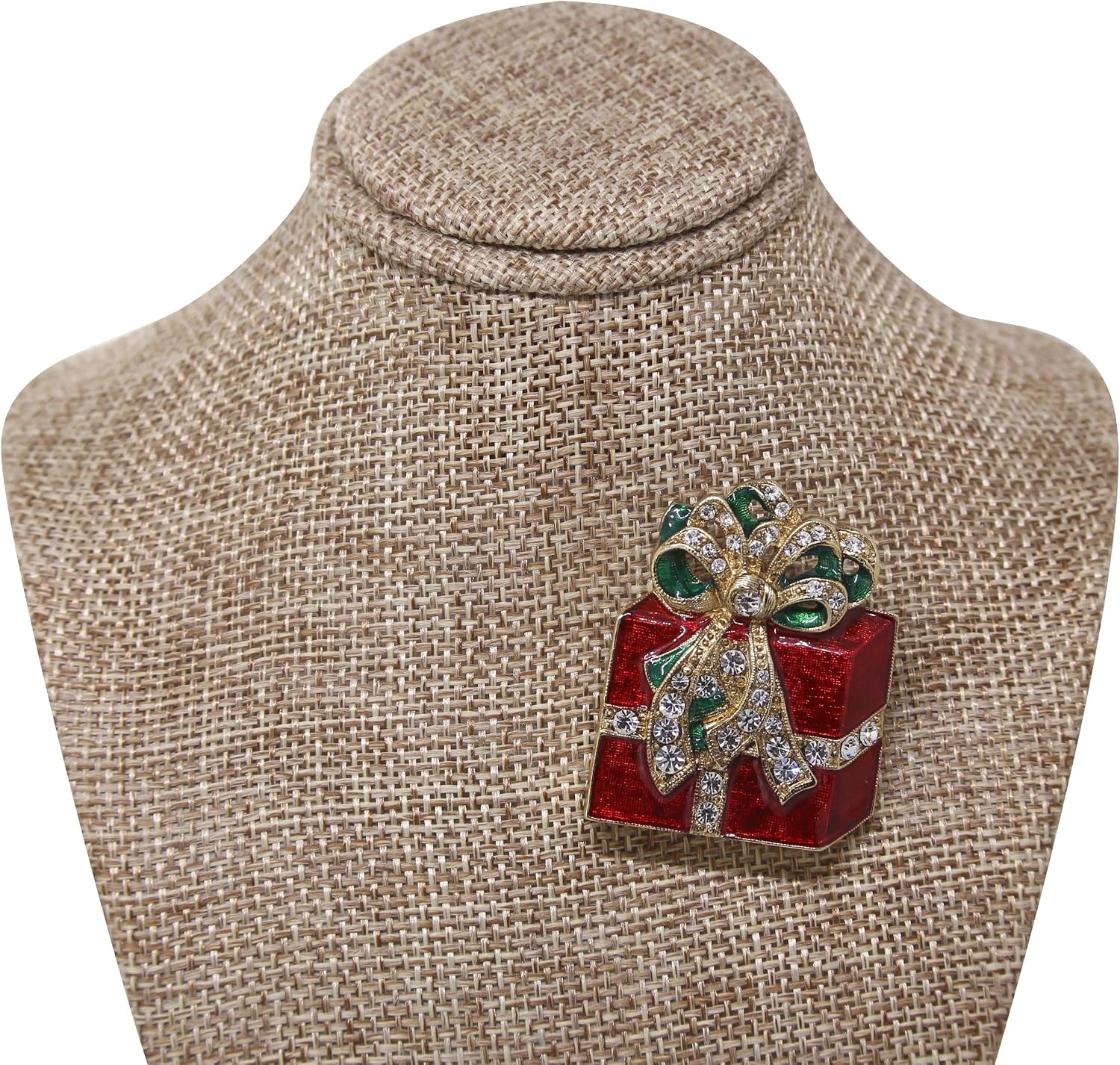 1928 Jewelry Red Christmas Gift Box Crystal Brooch Pin, Great For Dresses, Scarves, Hats, Lapels, Blazers And Coats