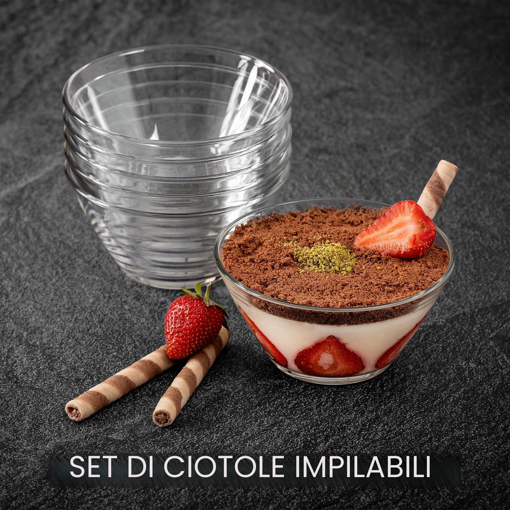 CRYSTALIA Ciotola Impilabile Premium in Vetro 345ml Senza Piombo - Coppe Gelato, Bicchieri da Dessert, Ciotola per Budino, Tazza da Immersione, Coppette Vetro