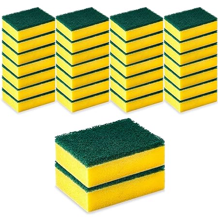 DecorRack 28 Cleaning Scrub Sponges for Kitchen, Dishes, Bathroom, Car Wash, One Scouring Scrubbing One Absorbent Side, Abrasive Scrubber Sponge Dish Pads, Heavy Duty, Green Yellow (Pack of 28)