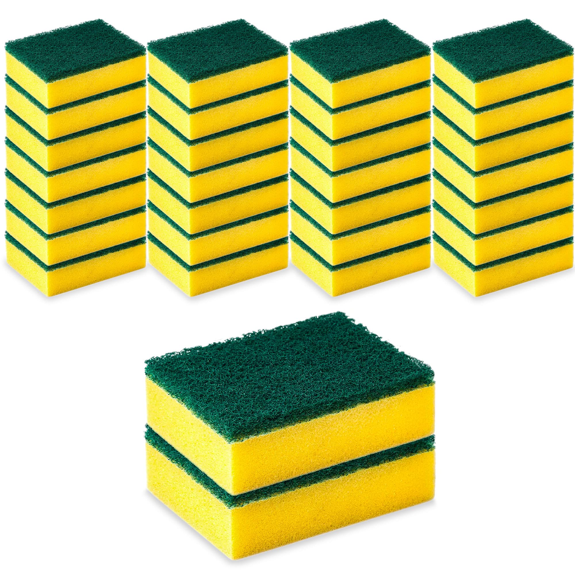 DecorRack28 Cleaning Scrub Sponges for Kitchen, Dishes, Bathroom, Car Wash, One Scouring Scrubbing One Absorbent Side, Abrasive Scrubber Sponge Dish Pads, Heavy Duty, Green Yellow (Pack of 28)