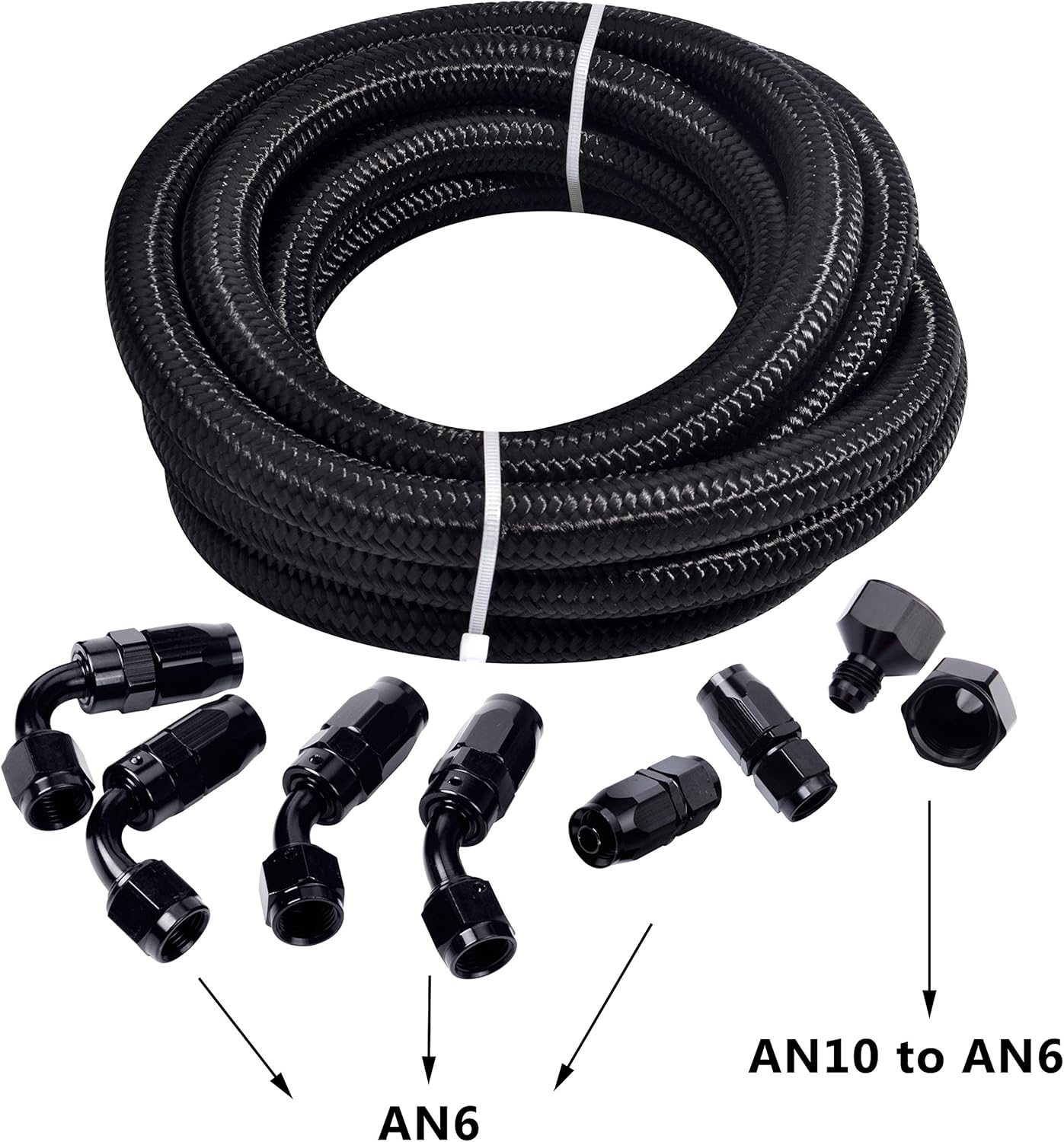 6AN 10FT Fuel Line Hose Kit, Nylon Stainless Steel Braided Fuel Line Oil/Gas/Fuel Hose End Fitting Hose with 8PCS Swivel Fuel Hose Fitting Adapter Kit - Black