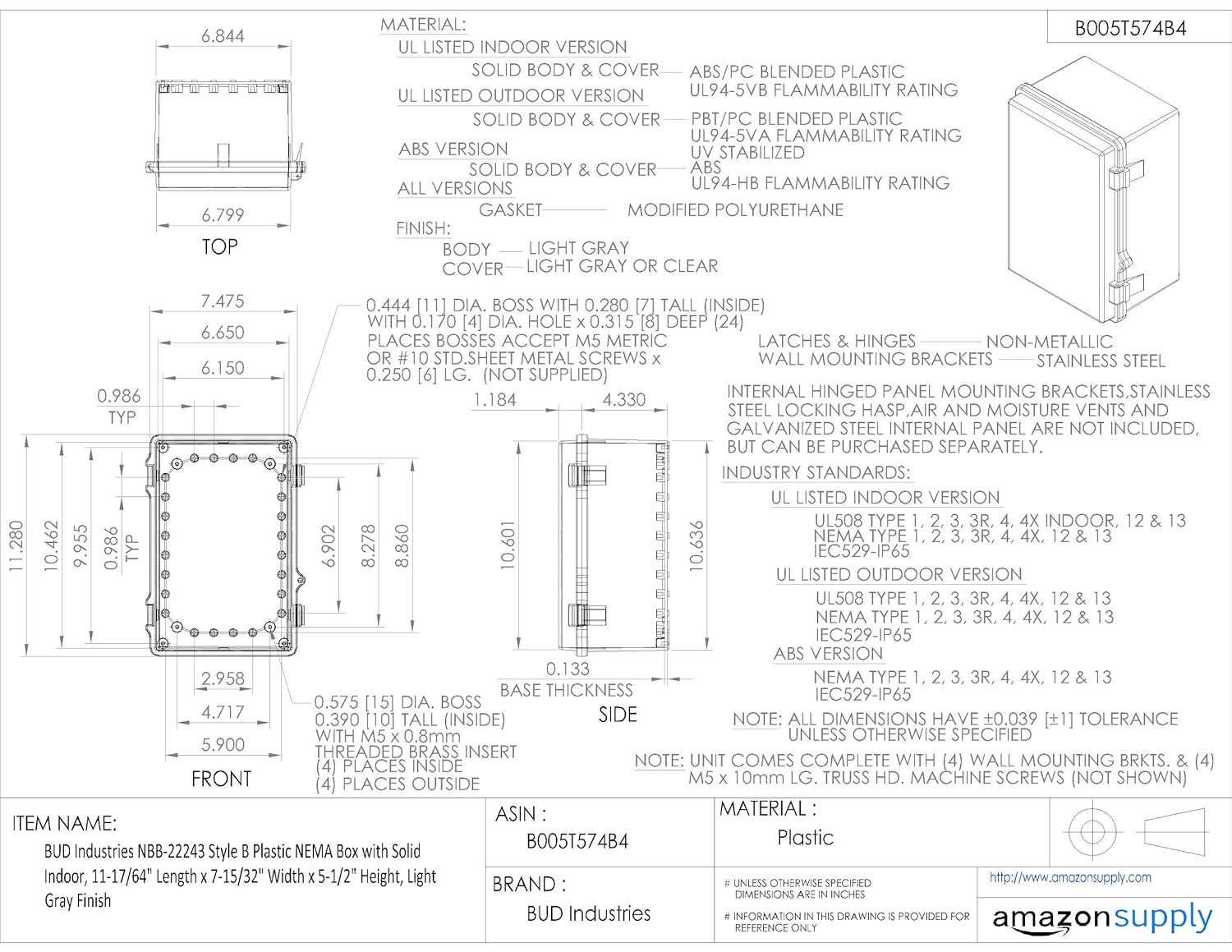 BUD Industries NBB-22243 Style B Plastic NEMA Box with Solid Indoor 11.28" L x 7.48" W x 5.50" H, Gray