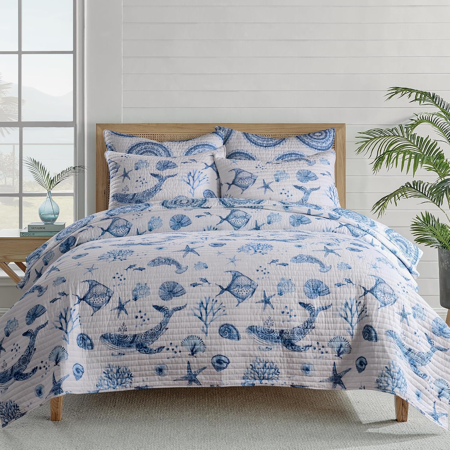 Levtex Home - Batik Ocean Quilt Set - Full/Queen Quilt (88x92in) and 2 Standard Shams (20x26in) - Coastal Sealife - Indigo, White - Reversible - Cotton