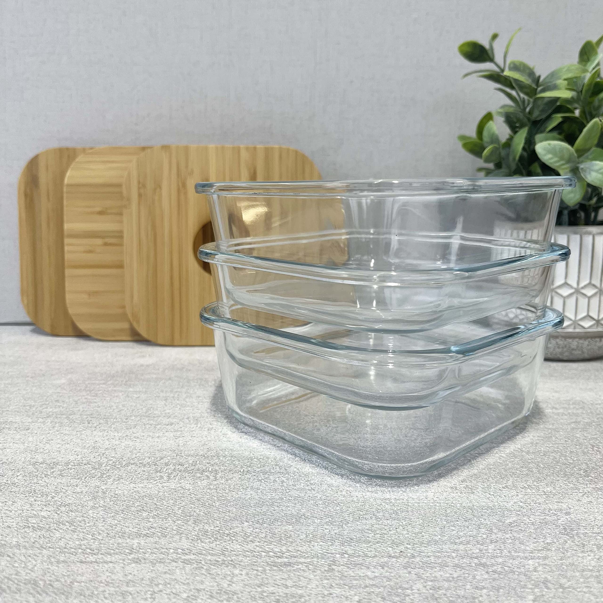 Set di 3 contenitori per alimenti quadrati in vetro con coperchio