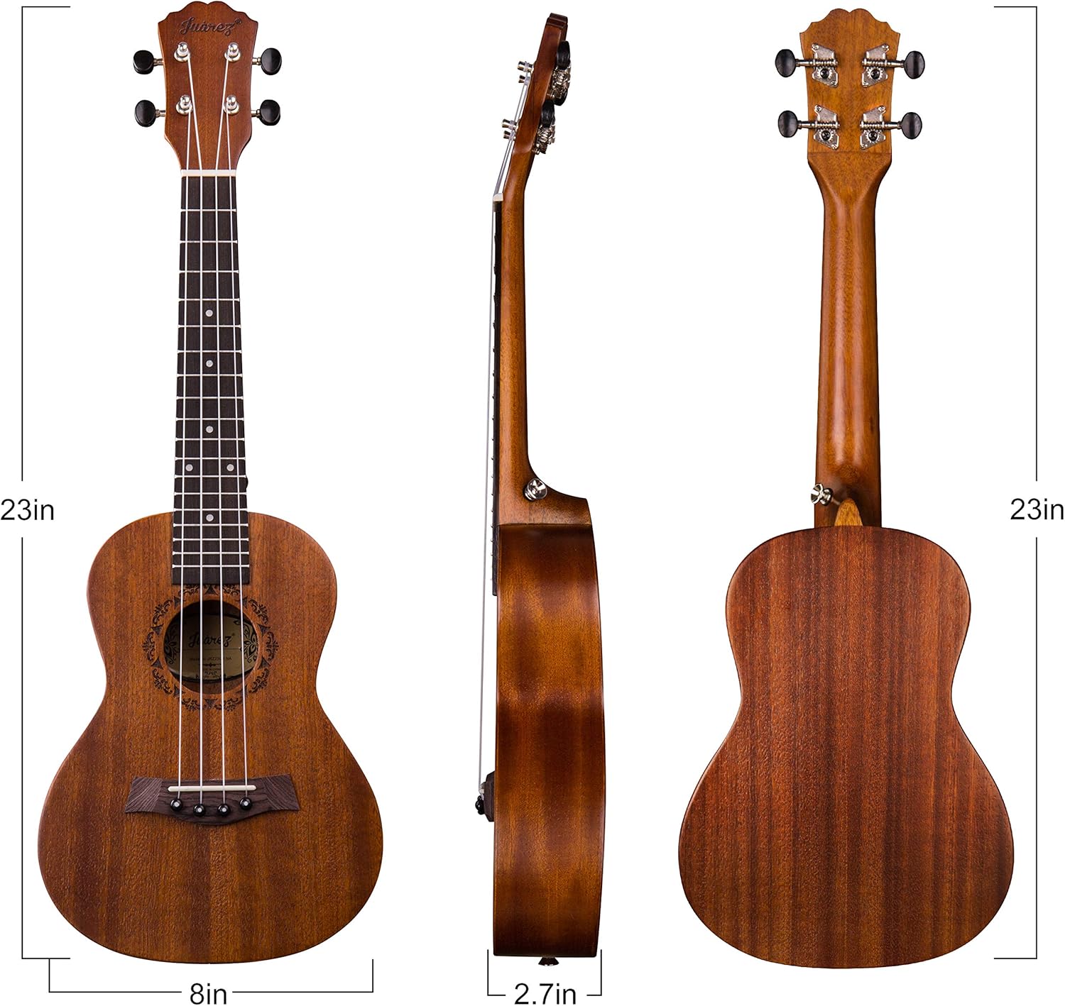 Juarez JRZ23UK/NA 23" Concert Size Ukulele Kit, Aquila Strings, Sapele Body, Rosewood Fingerboard, Matte Finish, with Bag and Picks - Natural Brown