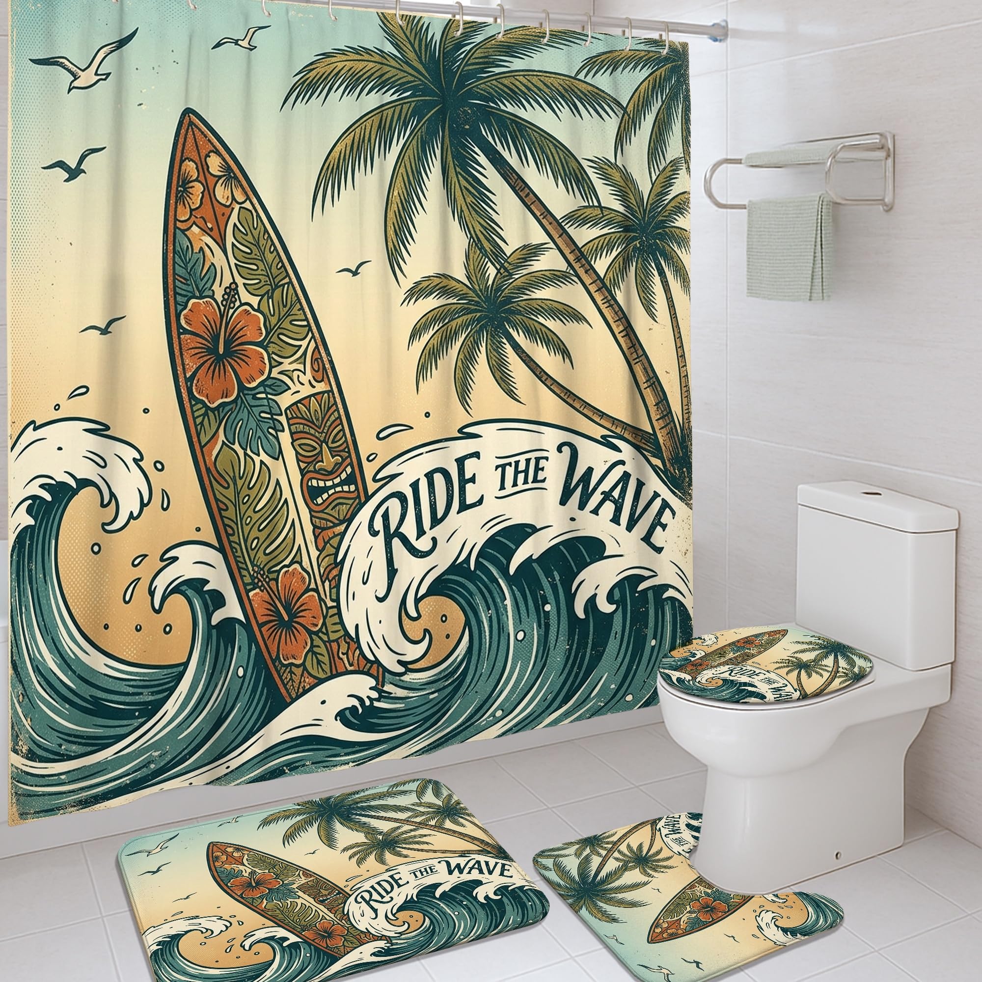 Rideau de douche plage tropicale haut de gamme avec tapis assorti