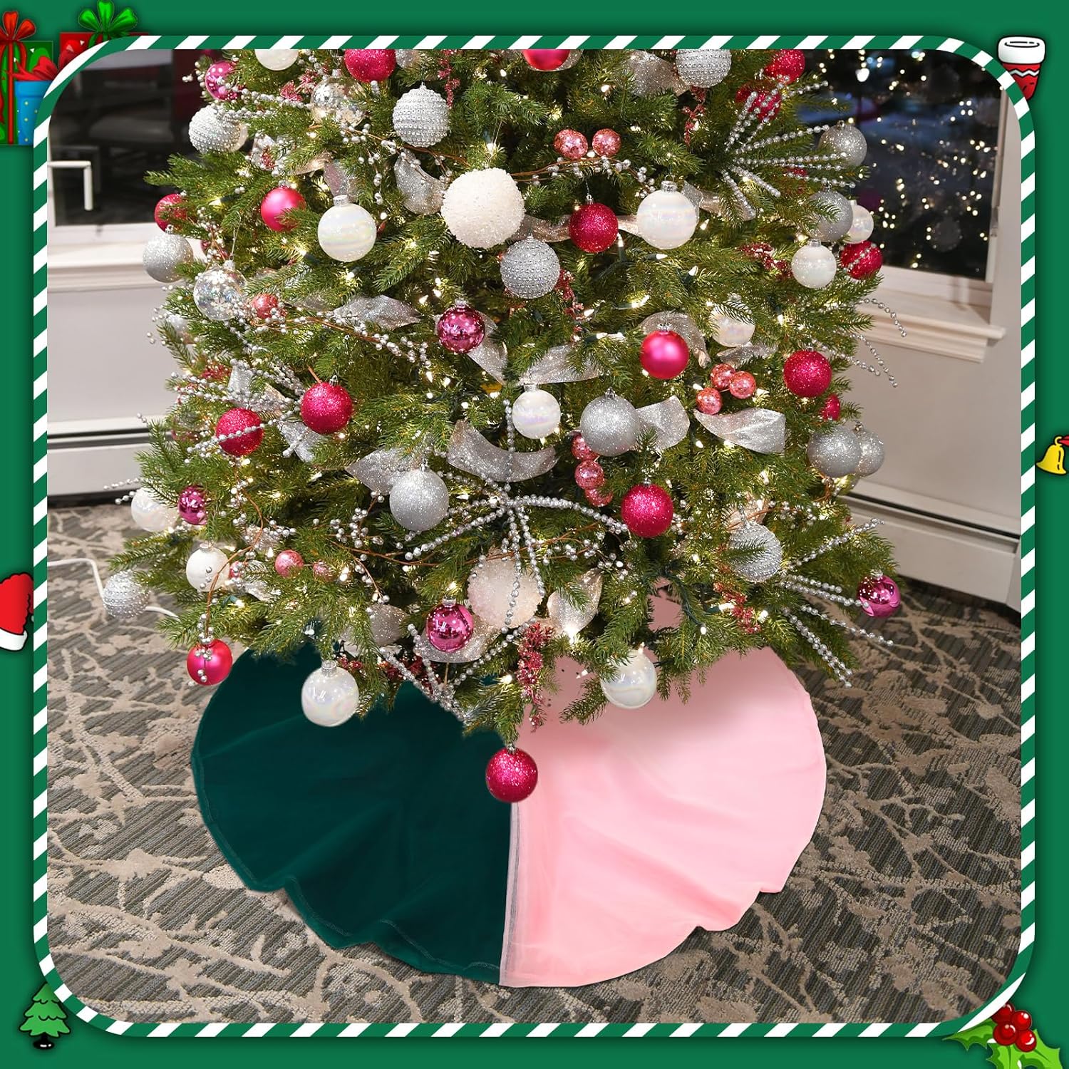 48 Inch Pink and Green Christmas Tree Skirt Decoration Pink and Green 5 Layer Fluffy Christmas Tree Skirt Decoration for Home Xmas Party Holiday Decor