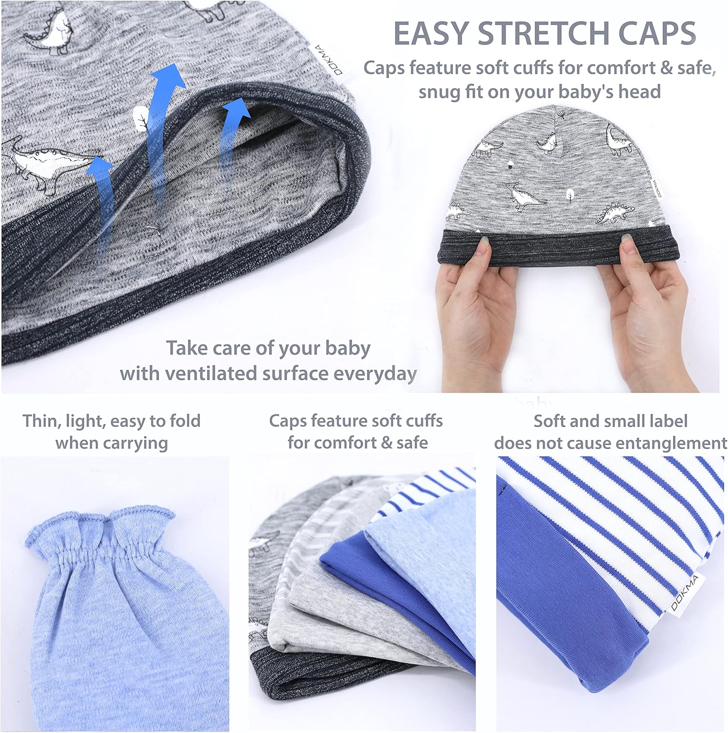 DOKMA Organic Cotton Baby Mittens and Caps Set - Mittens for Newborn 0-6 Months - Ultra Soft, No Scratch - 5 Caps x 3 Mittens - Image 4