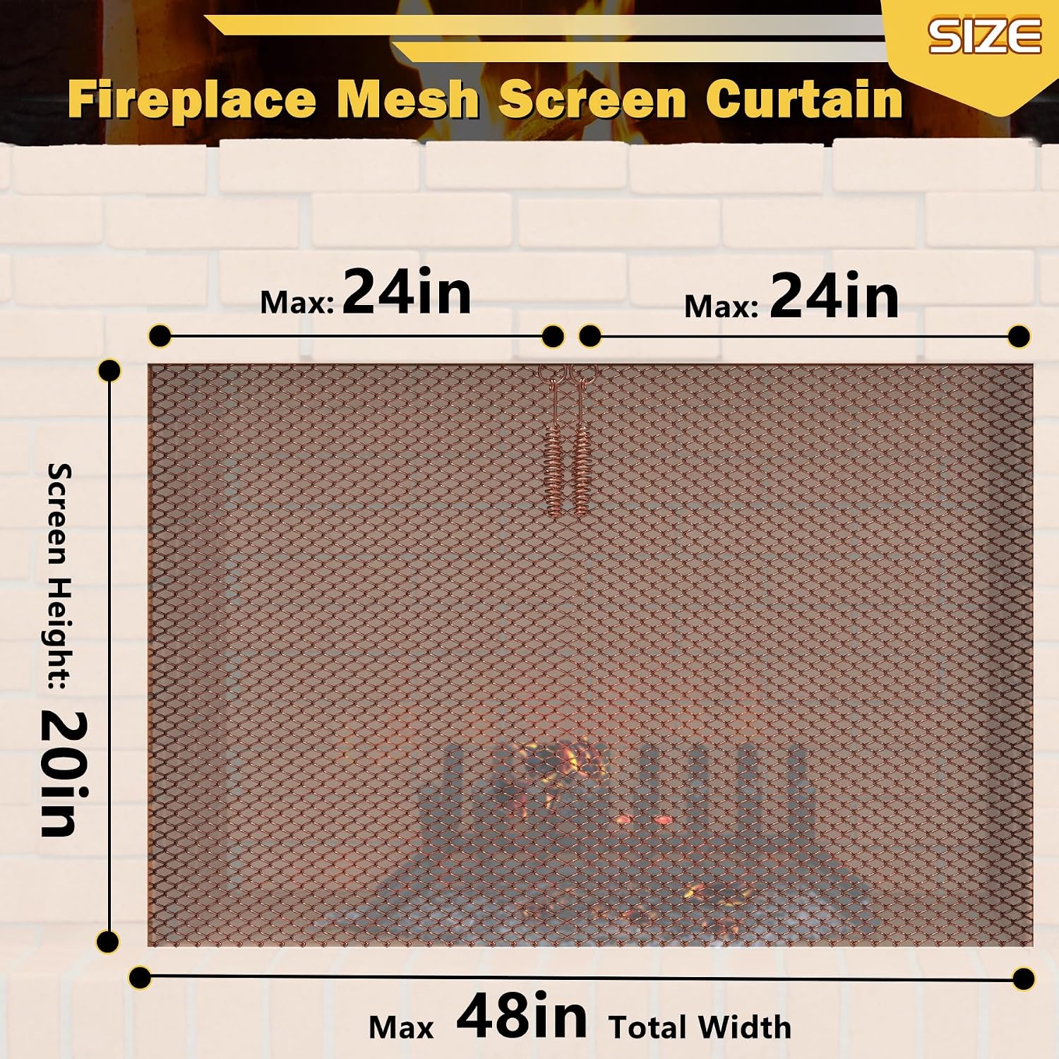 Fireplace Mesh Screen Curtain 24" W x 20" H,Sturdy Spark Guard Mesh Screens with Pulls for Home Wood Burning Fireplaces,Two Panels,Antique Brass