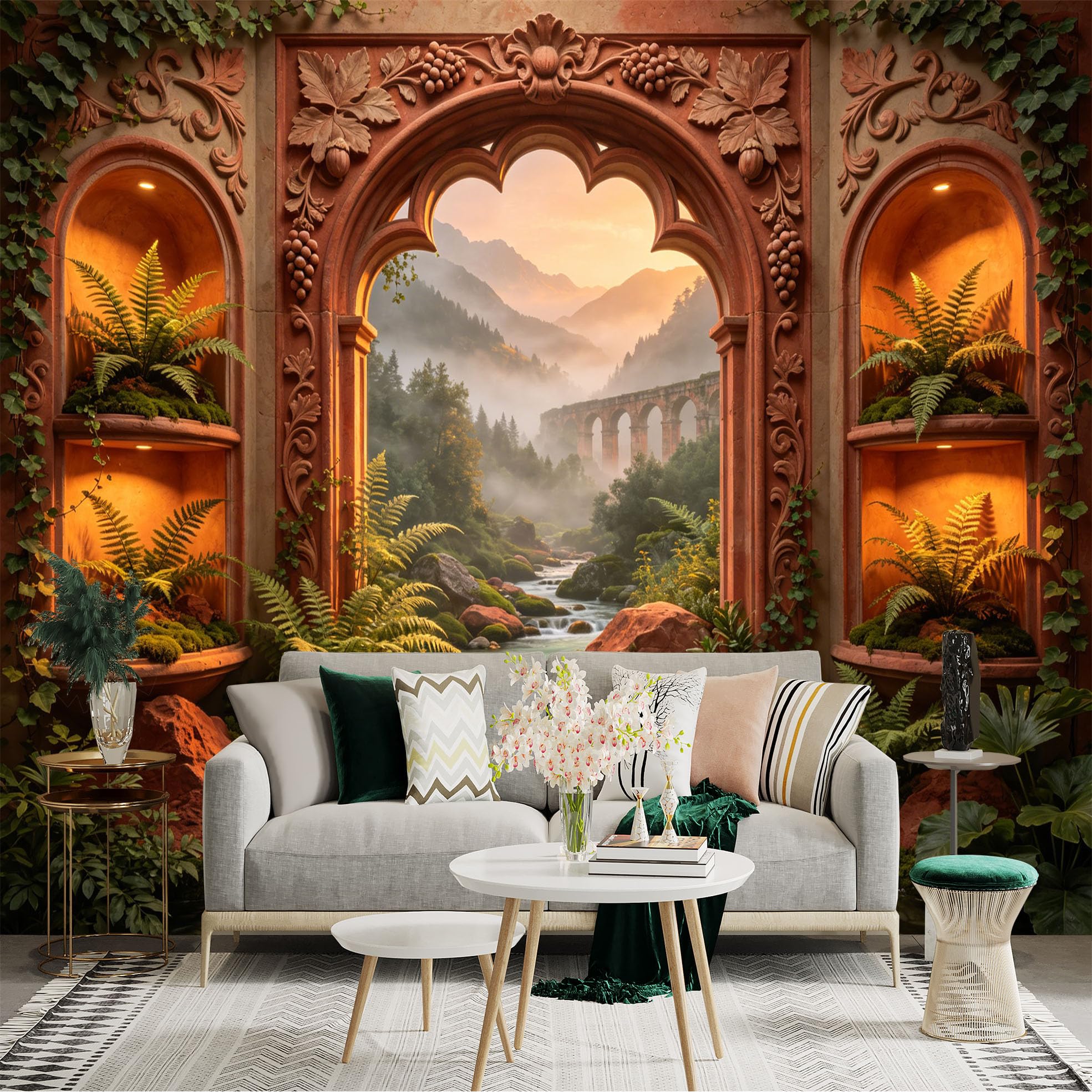Custom Size Wall Sticker Mural， Scenic River with Stone Archway， Ferns and Mountain Landscape， for wall Decoration， peelandstick wall Decals.