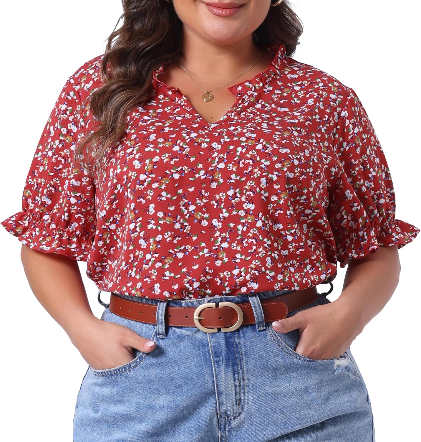 Agnes Orinda Plus Size Summer Tops for Women Floral V Neck Ruffle Puff Short Sleeve Casual Blouse Top - Image 2