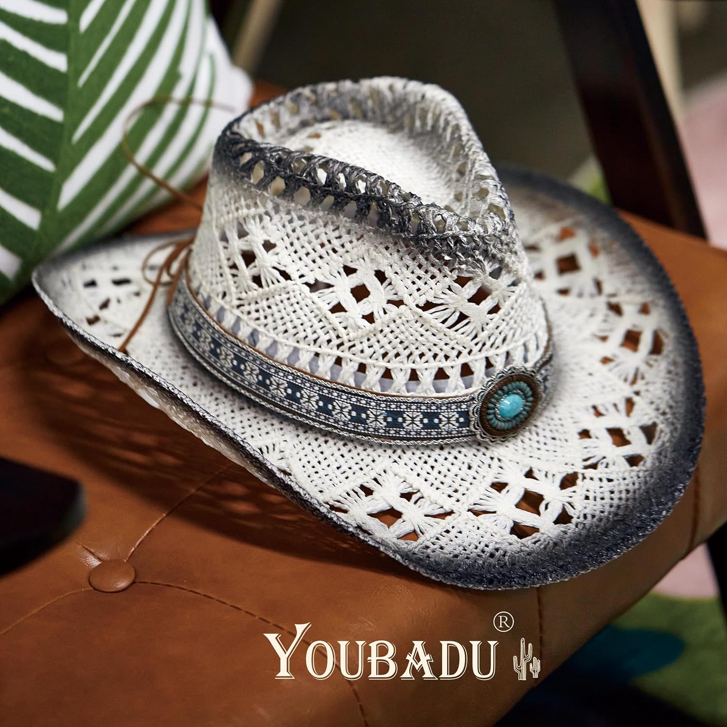YOUBADU Western Straw Cowboy and Cowgirl Hats with Decorative Bands - Unisex Wide Brim Raffia Style Sun Hat