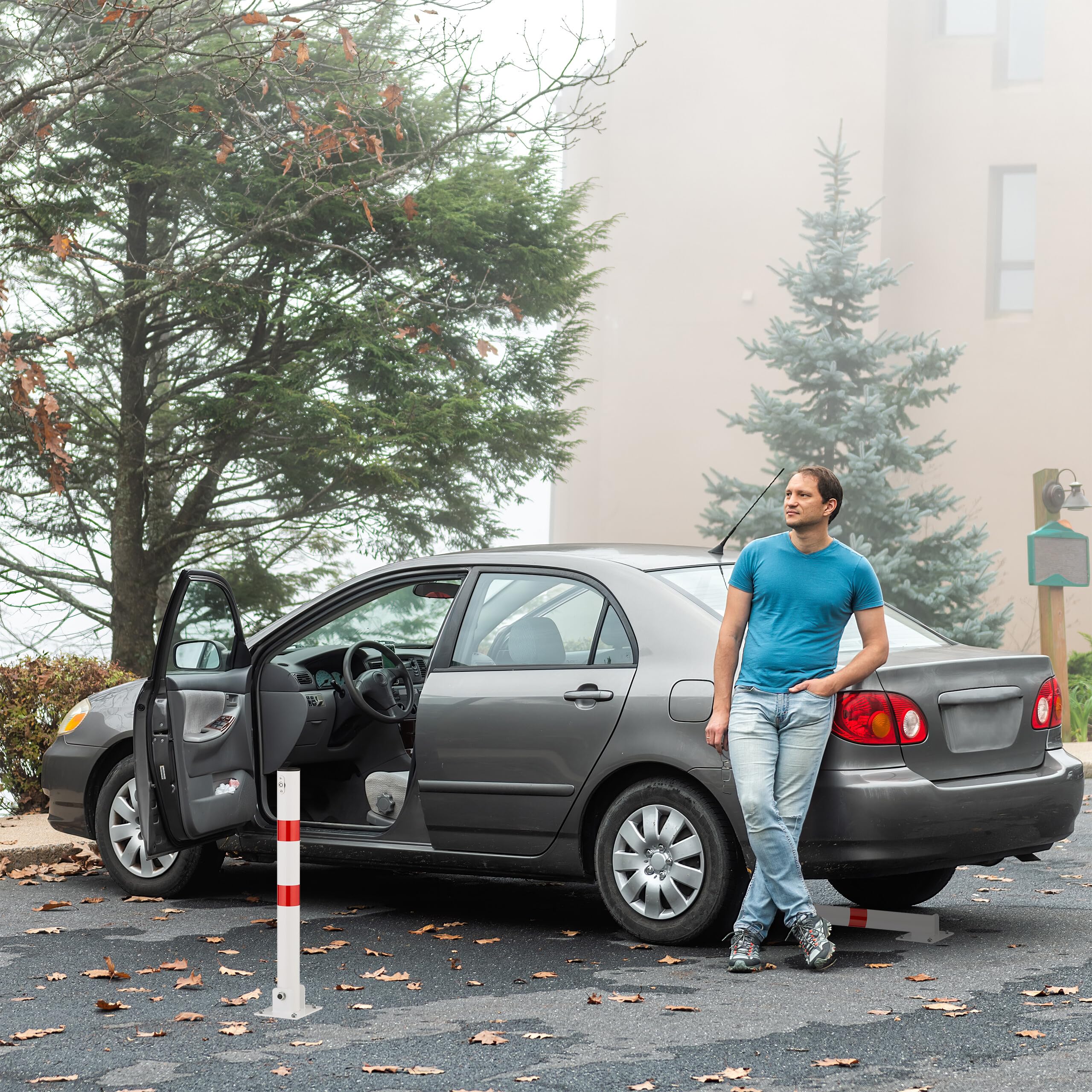 Relaxdays Słupek odcinający, składany, stal, blokada parkingu, wys. 65 cm, zamykany, okrągły słupek parkingowy, żółty/czarny