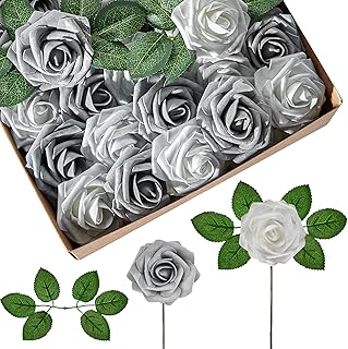InnoGear Artificial Flowers, 50 Pcs Faux Flowers Fake Flowers Shimmer Silver Grey Roses Perfect for DIY Wedding Bouquets C...