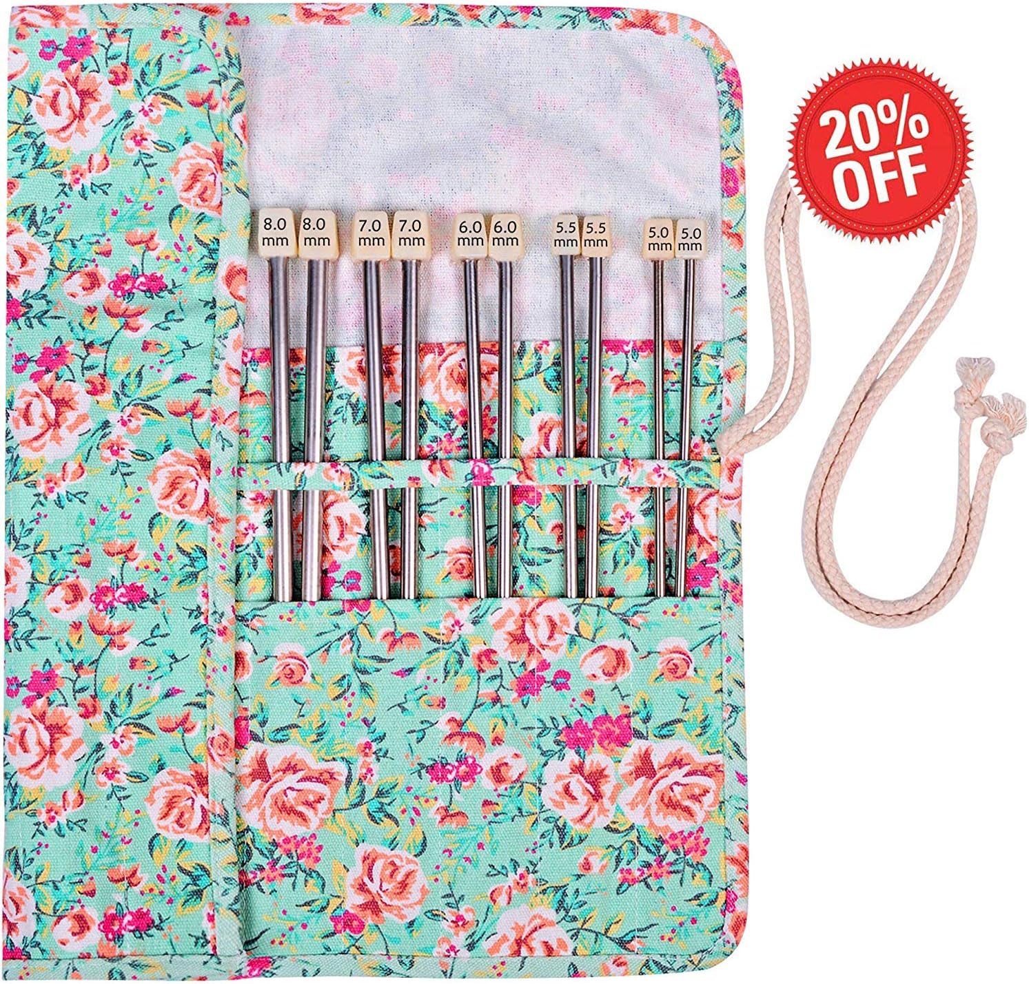 Knitting Needle Set, 22PCS 2mm(B)-8mm(L) Straight Single Pointed Stainless Steel Sweater Needles set(11Pair-11 Size, 9.9 inches)with Knitting Bag