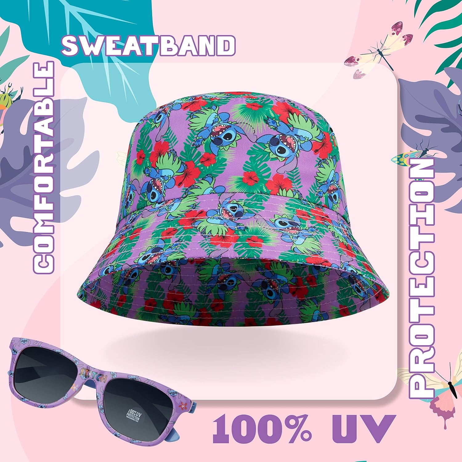 Disney Stitch Sunglasses and Bucket Hat Summer Sun Hat 100% UV Protection Kids Sunglasses Gifts for Girls