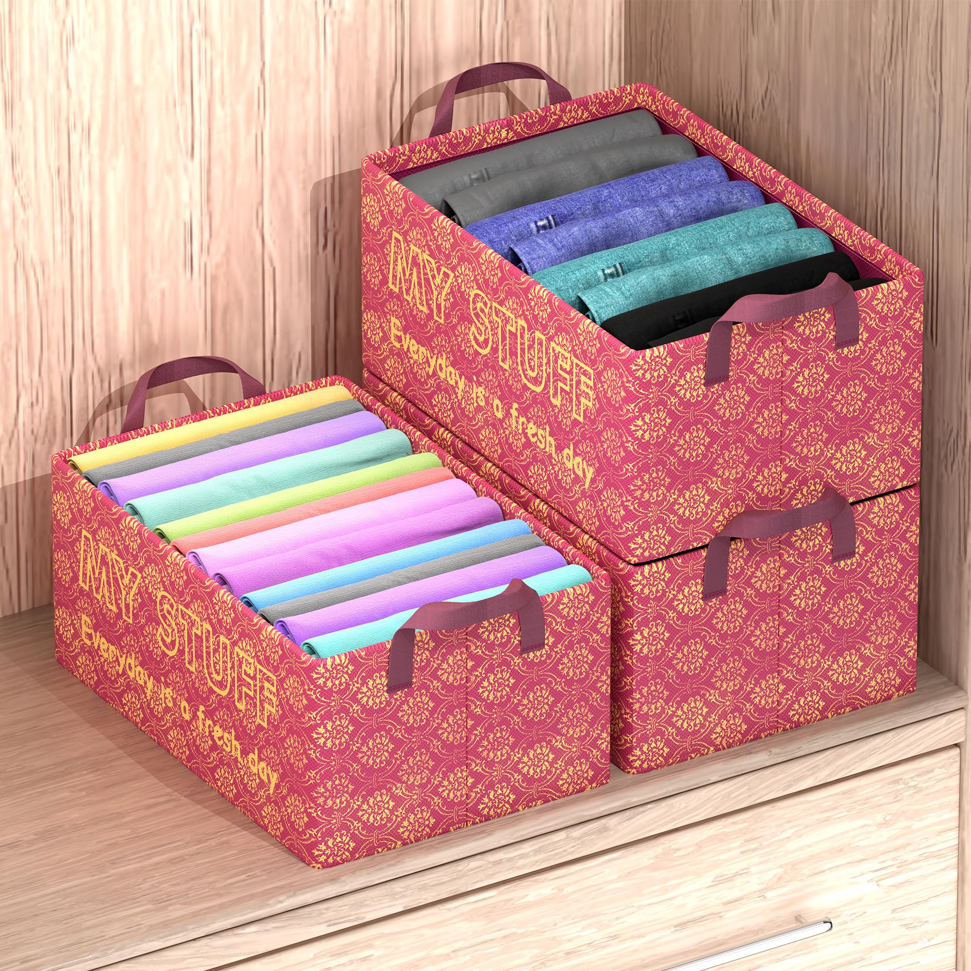 Kuber Industries 3er Pack - Kleiderbox faltbar für Hemden/Hosen/Kleider Schrank rechteckig organisiert, Spielbücher mit Griff, Golddruck