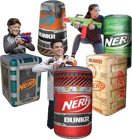 NERF BUNKR Officially Licensed Battle Royale Inflatable Bunker Battlezone - 5 Piece Barricade Set Crates Barrels - Perfect for NERF Party - NERF War Multicolor