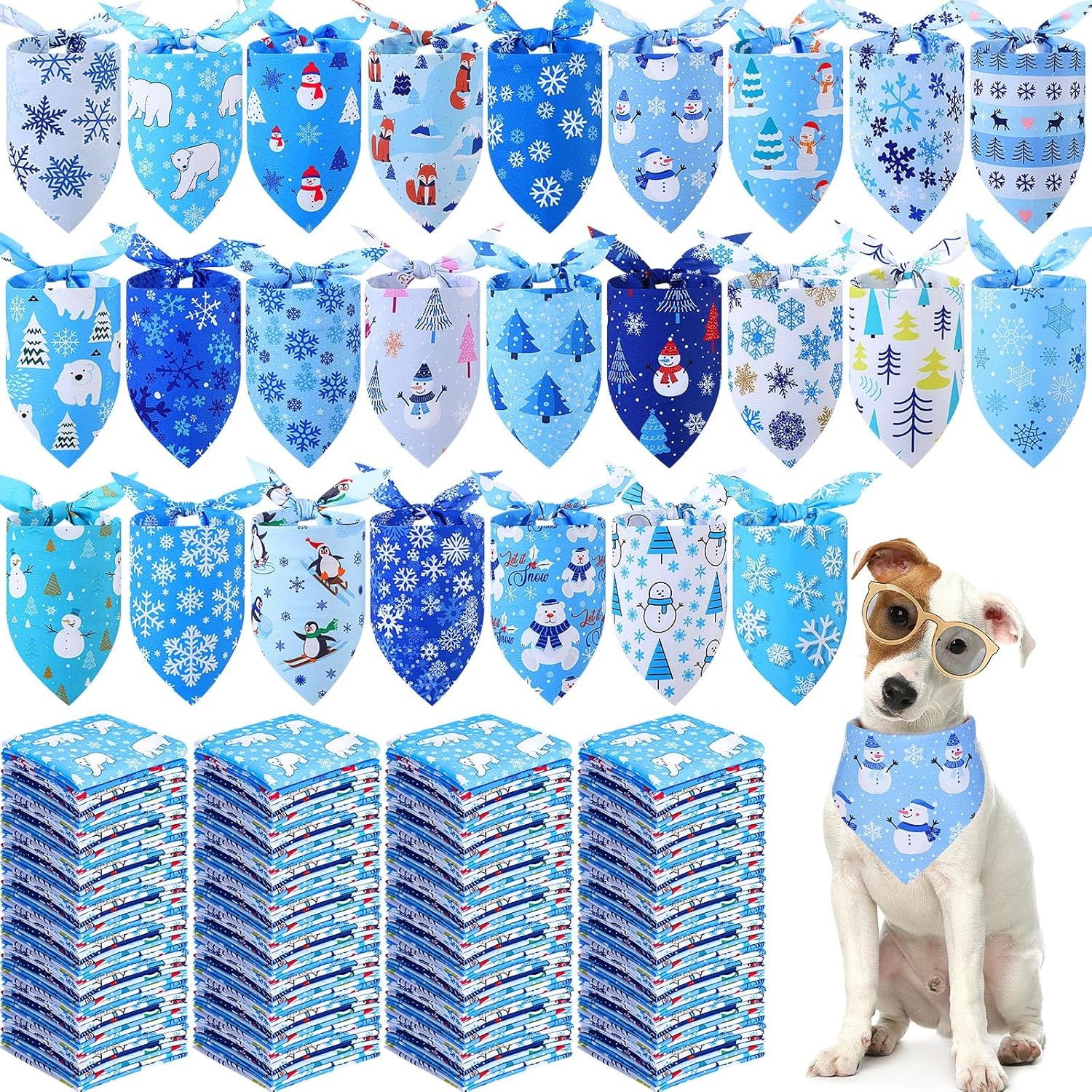 Abbylike 200 Pcs Winter Dog Bandanas Bulk Blue Snowflake Bandanas for Dogs Triangle Kerchief Bibs Scarf Set for Pet Christmas Xmas Winter Costume Photo Props Accessories Pet Shops Grooming, 25 Styles