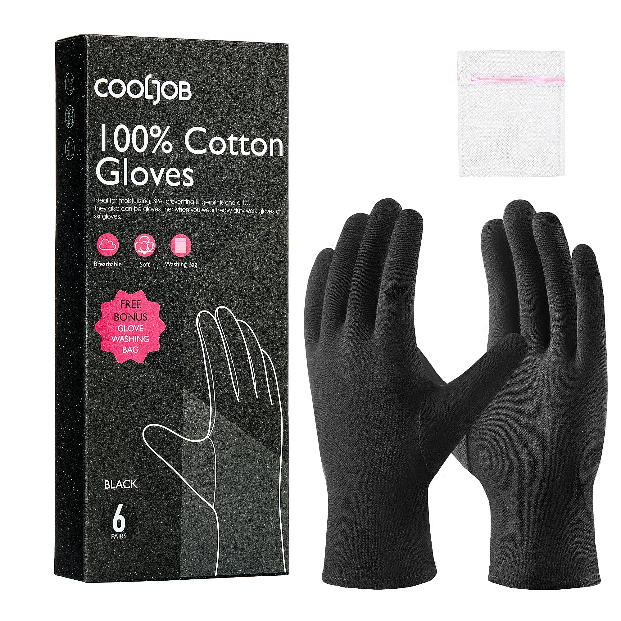COOLJOB 6 Pairs Cotton Moisturizing Gloves, Black M