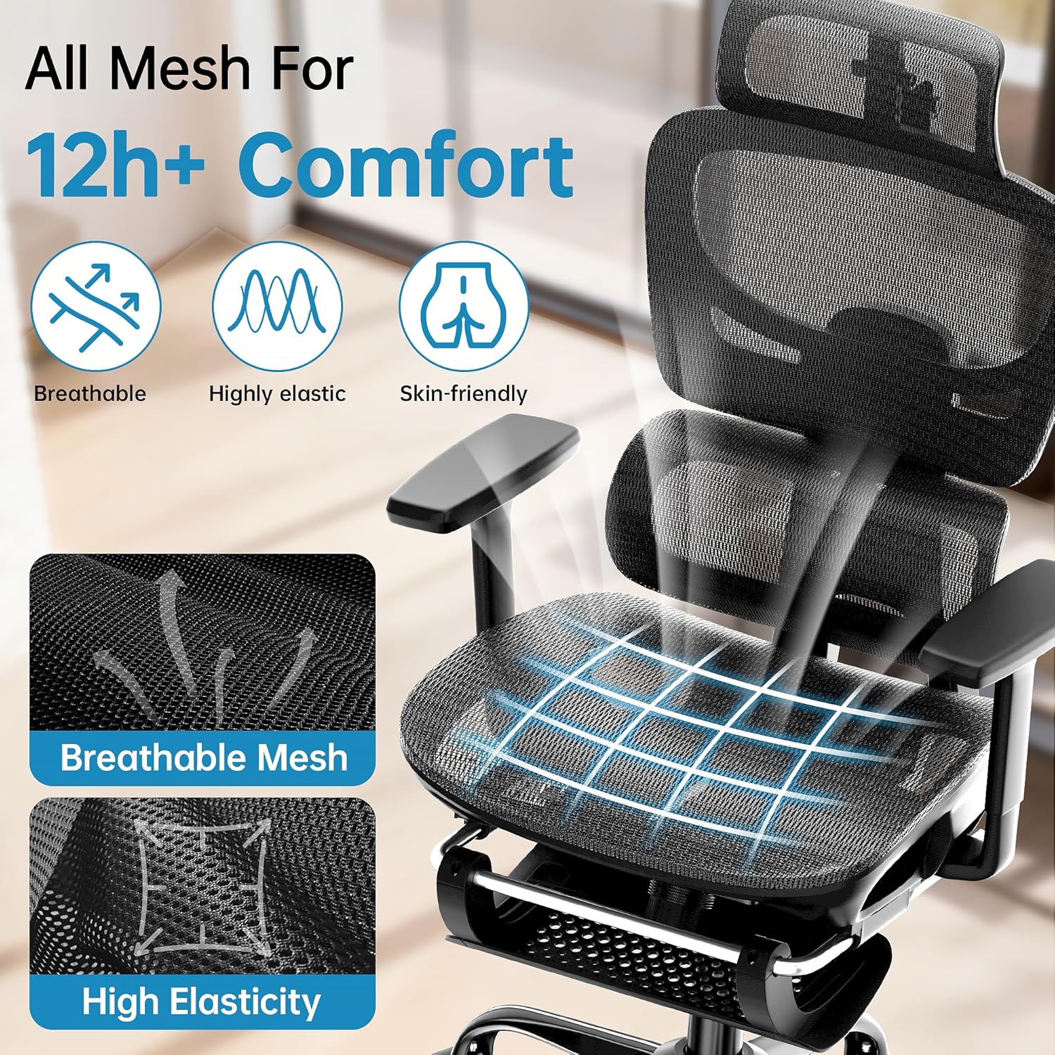 AreShark Office Chair Ergonomic Desk Chair,High Back Computer Chair with 3D Headrest & Armrests,Gaming Chair with Lumbar Support,90-135°Tilt Lock Mesh Office Chair with Footrest,Wheels,Black - Image 8