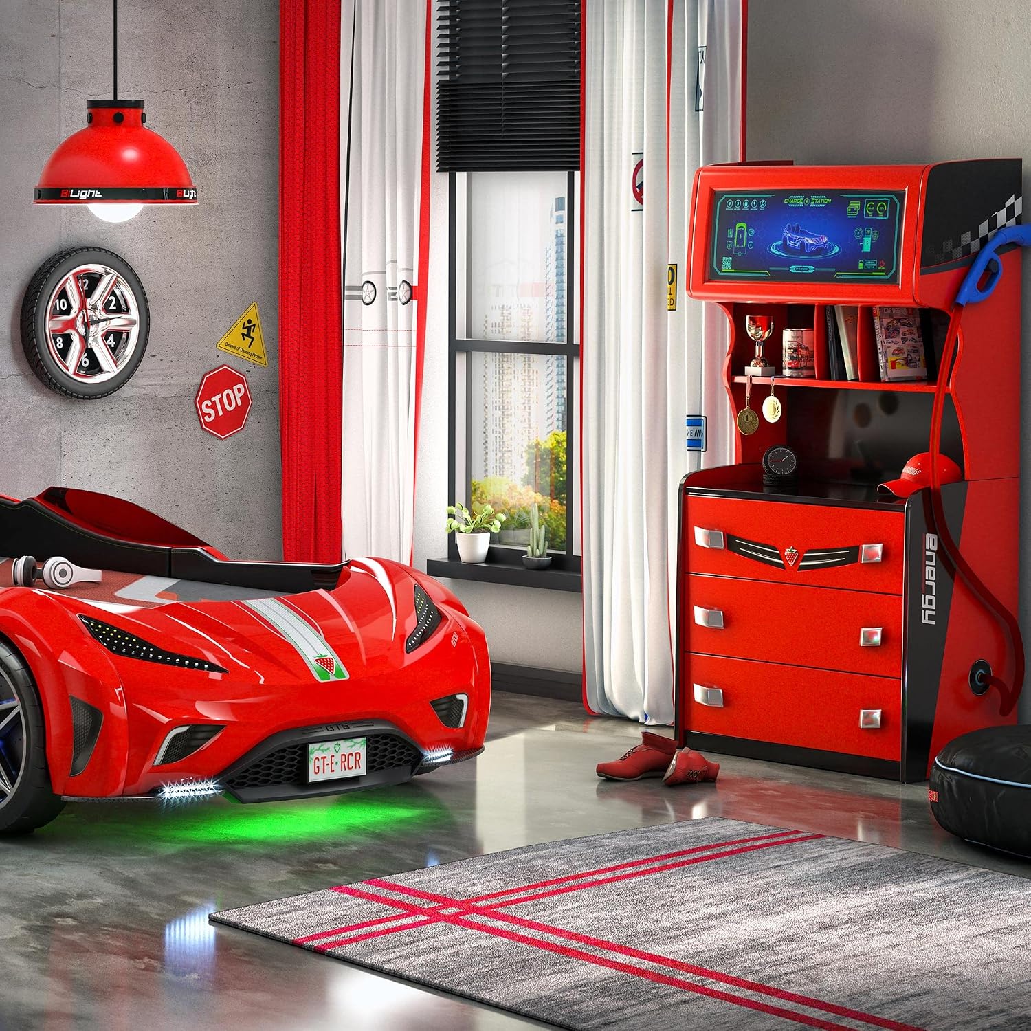Cilek GTS EV 3 Drawer Chest with Cabinet, EV Car Charger Design, Extra Shelves, Soft-Close Drawers, Red