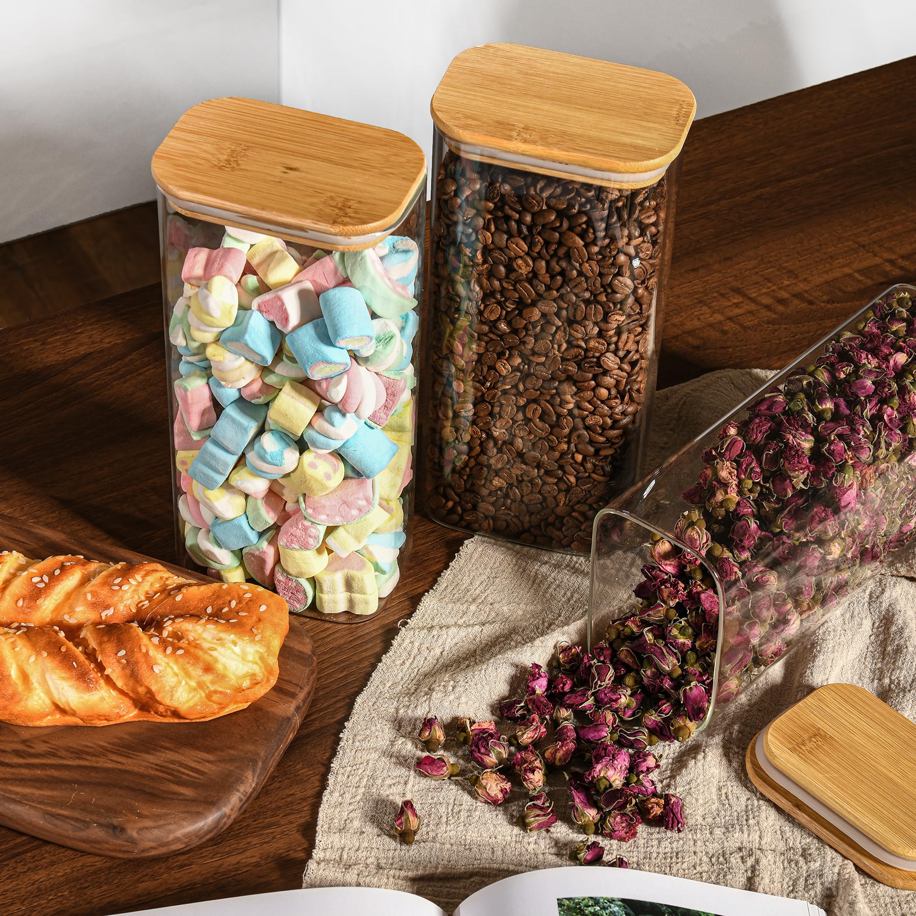 D2scrma Recipientes rectangulares de vidrio herméticos de 64 onzas con tapas de bambú (juego de 3), tarros cuadrados de almacenamiento de alimentos, organizadores de despensa para cereales, harina,