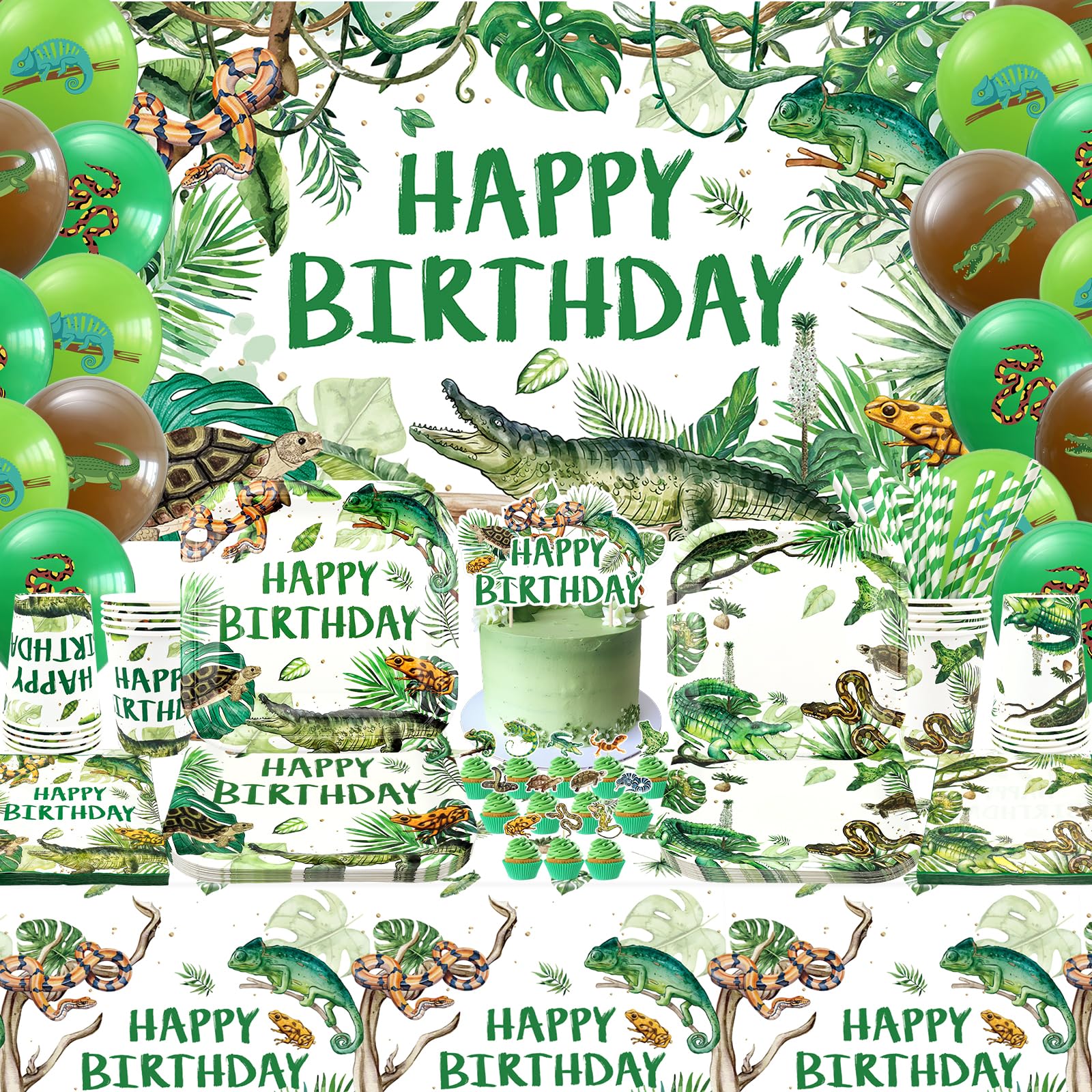 Obussgar Reptile Party Decorations - Reptile Party Supplies including Banner, Plate, Cake Topper, Cup, Napkin, Tablecloth - Serves 20 (BJ)